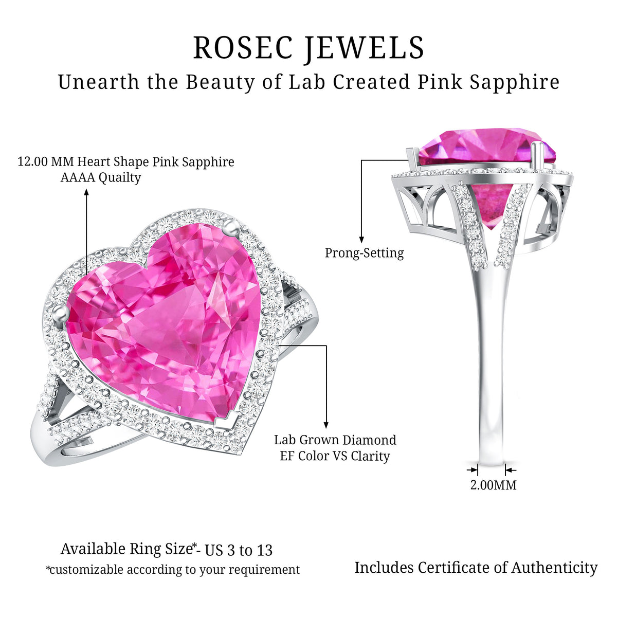 5.6 Carat Lab Created Pink Sapphire Heart Engagement Ring with Diamond Halo AAAA - Rosec Jewels