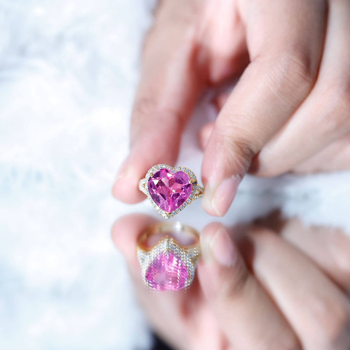 5.6 Carat Lab Created Pink Sapphire Heart Engagement Ring with Diamond Halo AAAA - Rosec Jewels