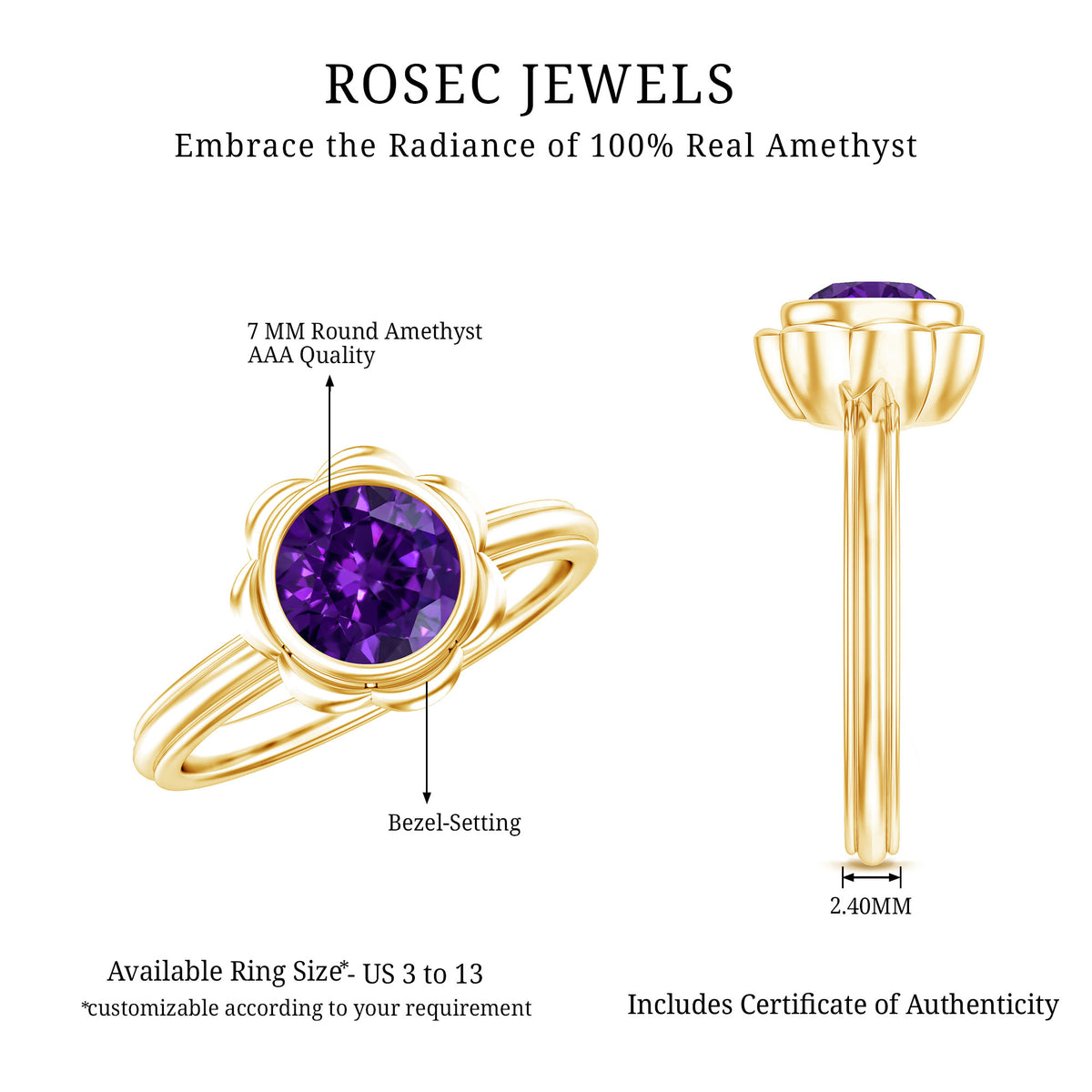 1.2 Carat Amethyst Engagement Ring in Bezel Setting AAA - Rosec Jewels
