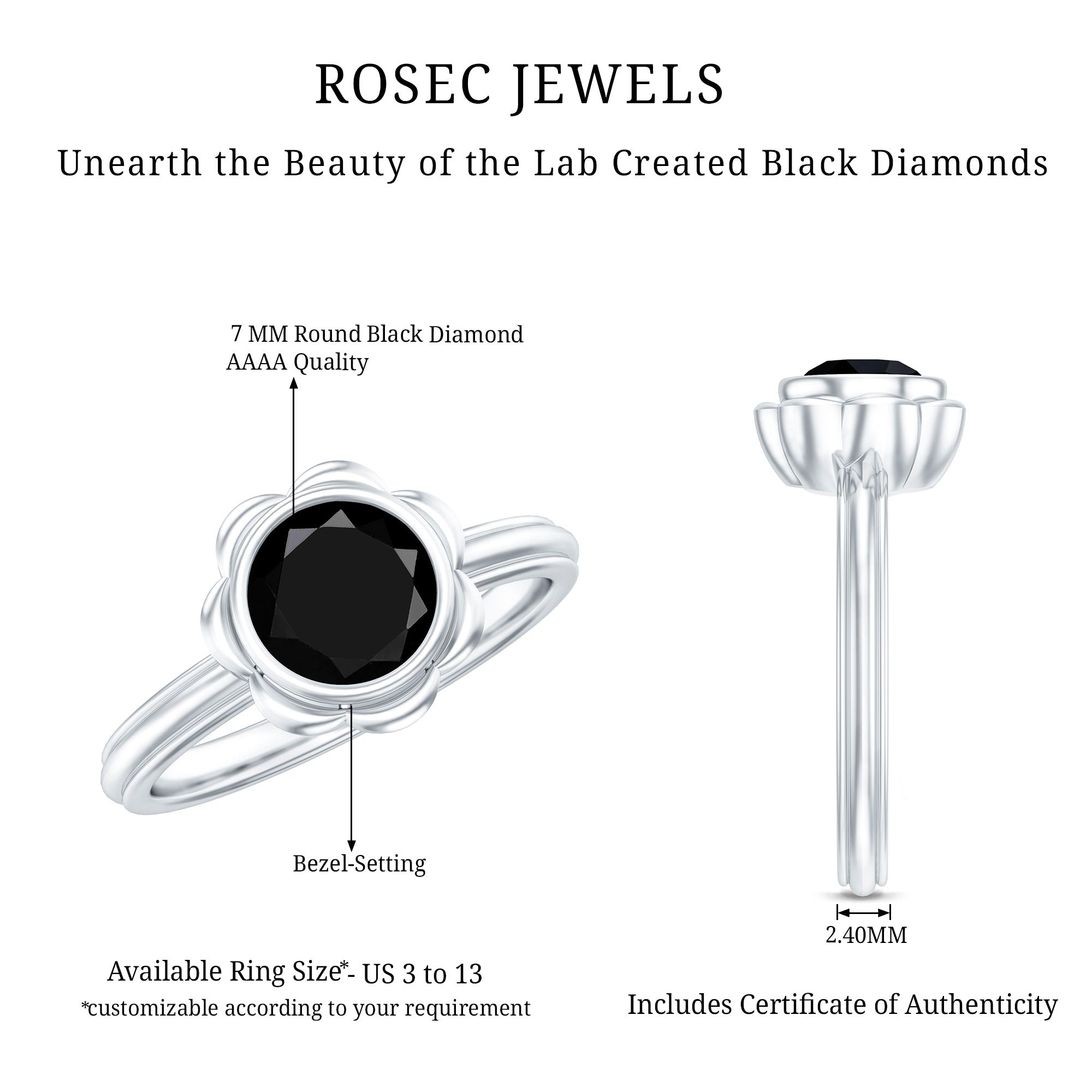 Rosec Jewels-1.5 Carat Lab Grown Black Diamond Flower Engagement Ring