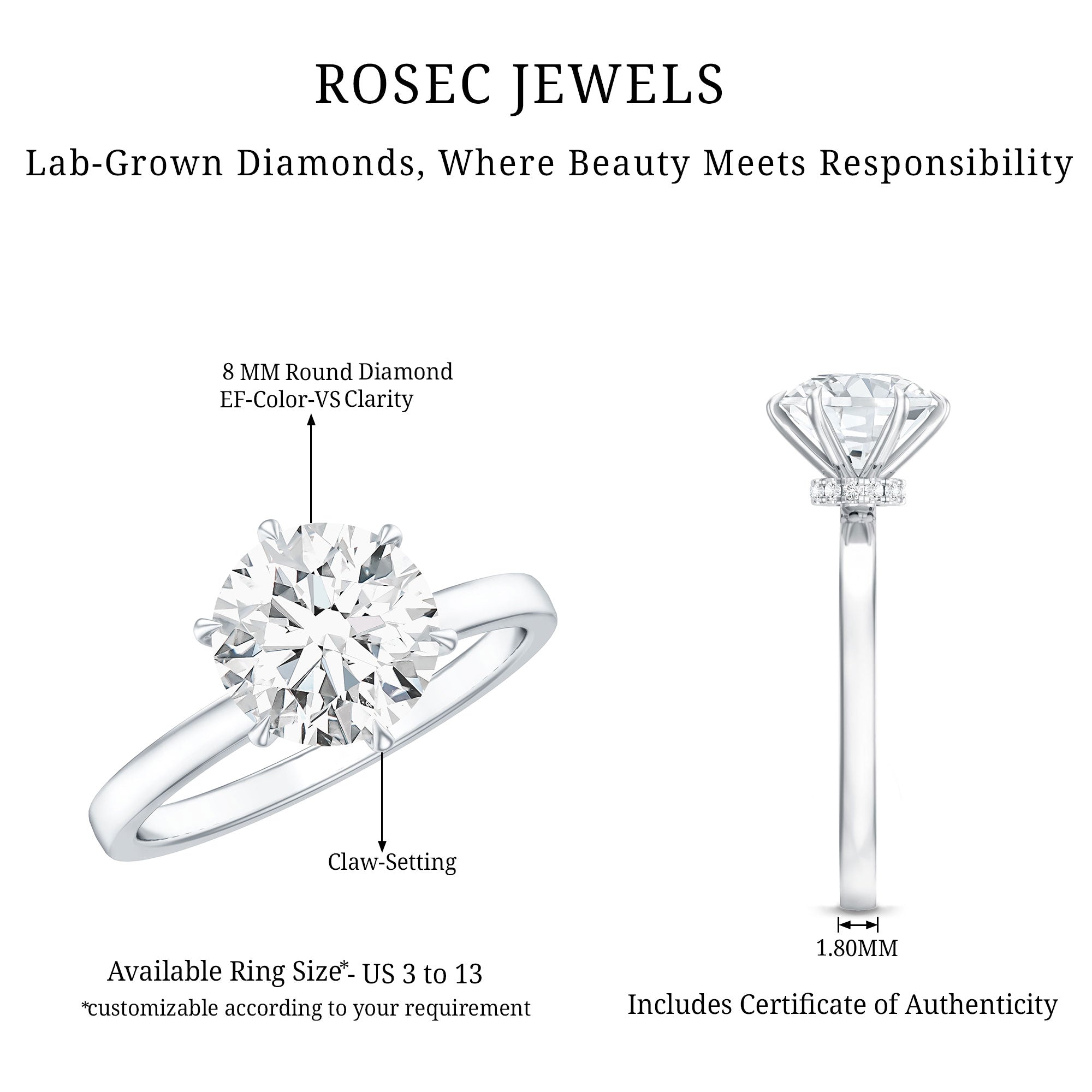 Rosec Jewels-2 Carat Lab Grown Diamond Solitaire Engagement Ring with Hidden Halo