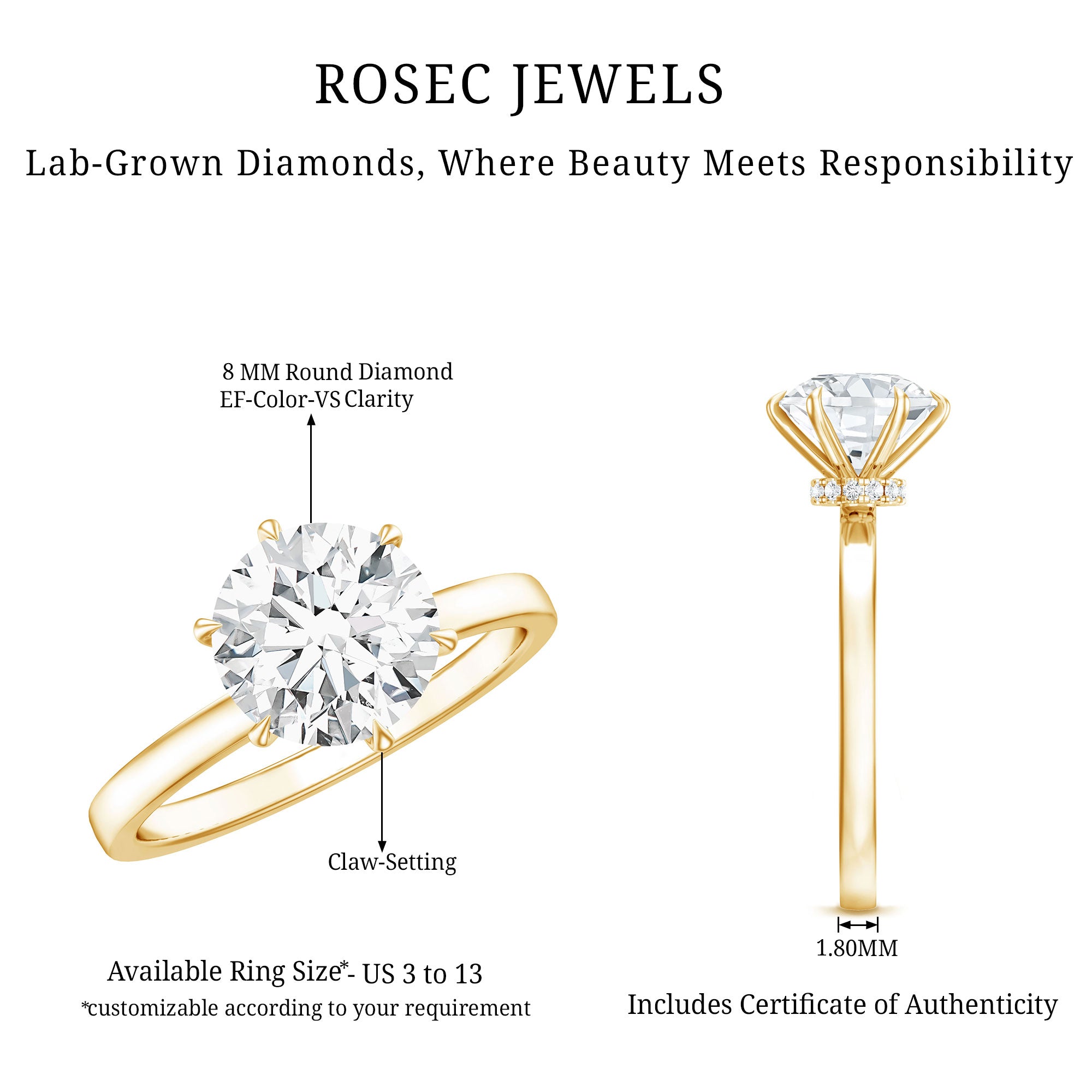 2 Carat Lab Grown Diamond Solitaire Engagement Ring with Hidden Halo Lab - ( EF-VS ) - Rosec Jewels