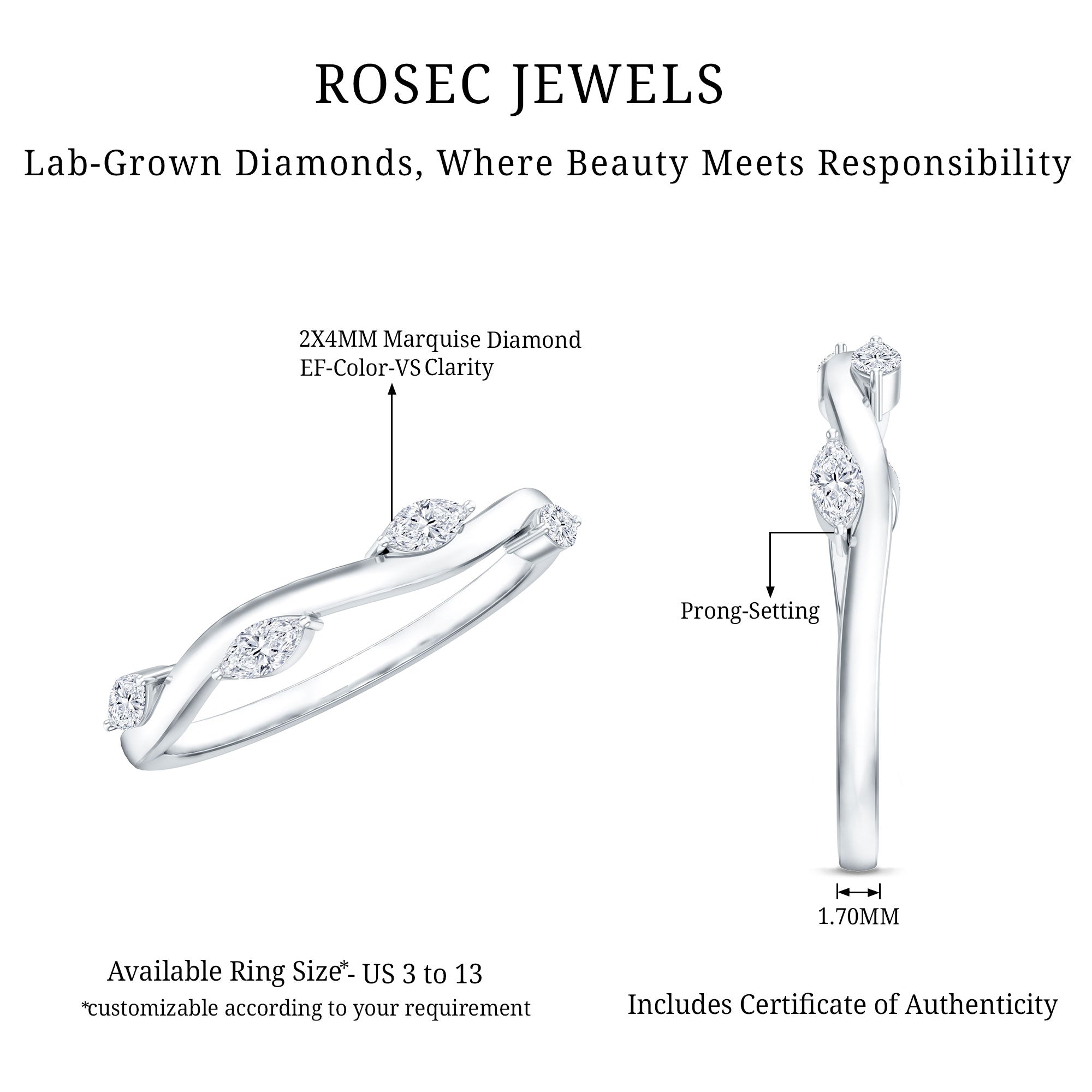 Marquise Cut Lab Grown Diamond Wedding Band Lab - ( EF-VS ) - Rosec Jewels