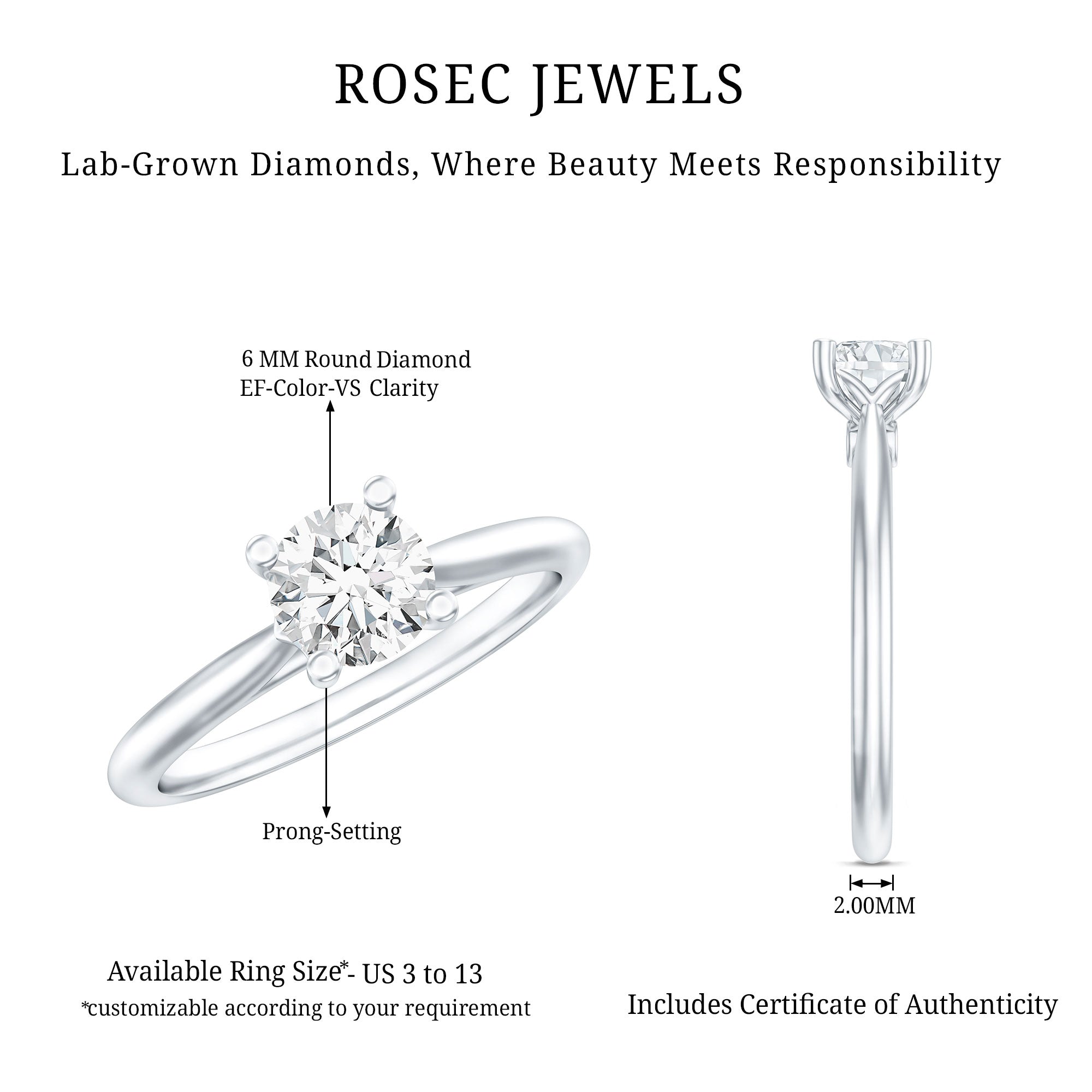 Rosec Jewels-1 CT Lab Grown Diamond Solitaire Engagement Ring with IGI Certificate
