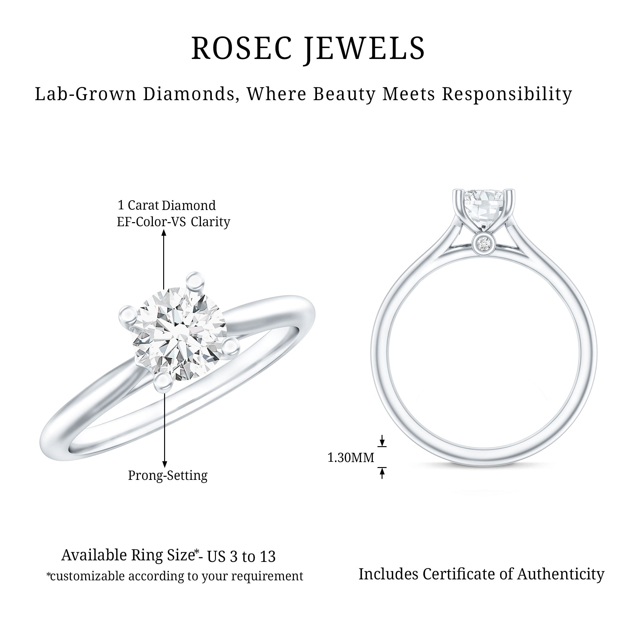 1 CT Lab Grown Diamond Solitaire Engagement Ring with IGI Certificate Lab - ( E-VS1 ) - Rosec Jewels