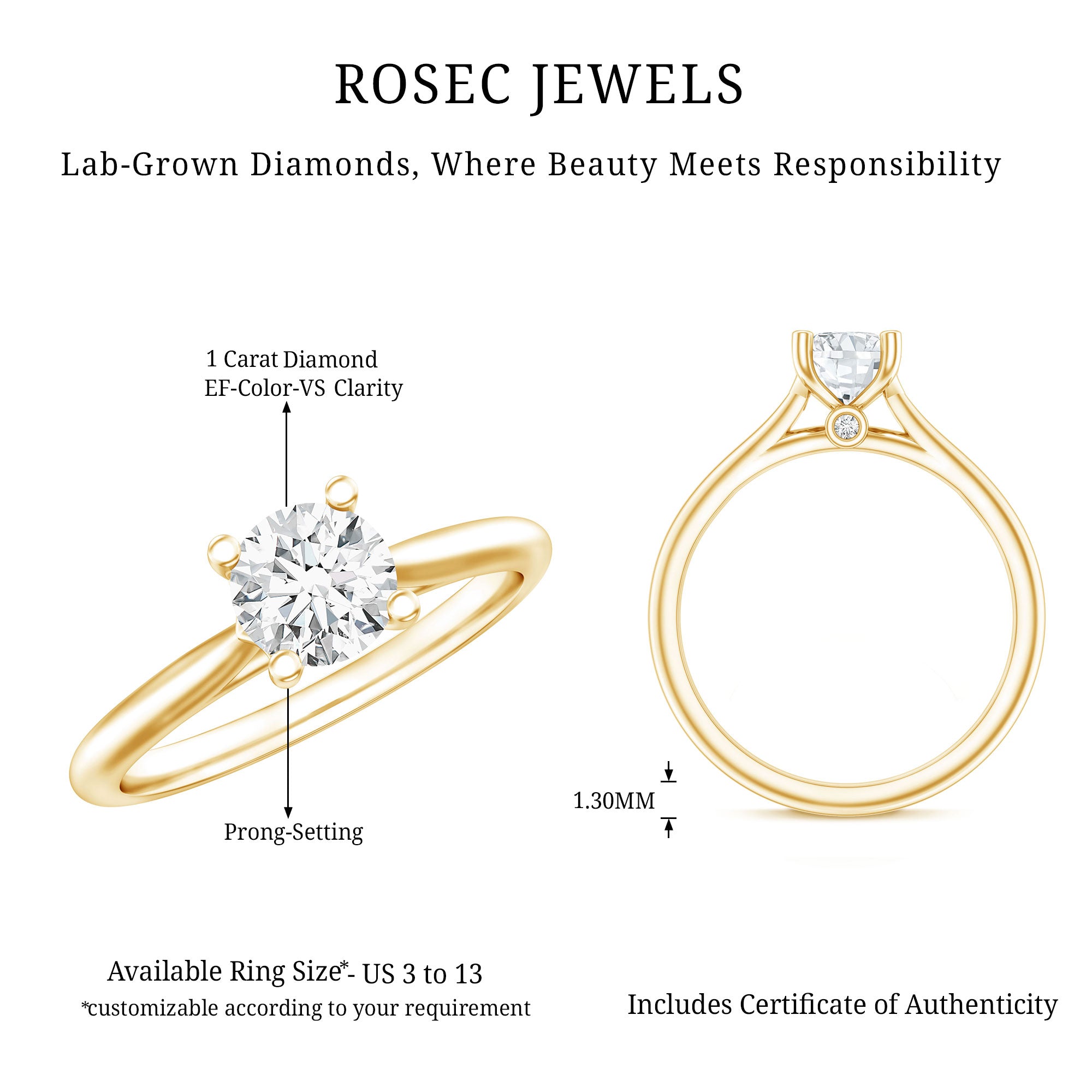 1 CT Lab Grown Diamond Solitaire Engagement Ring with IGI Certificate Lab - ( E-VS1 ) - Rosec Jewels