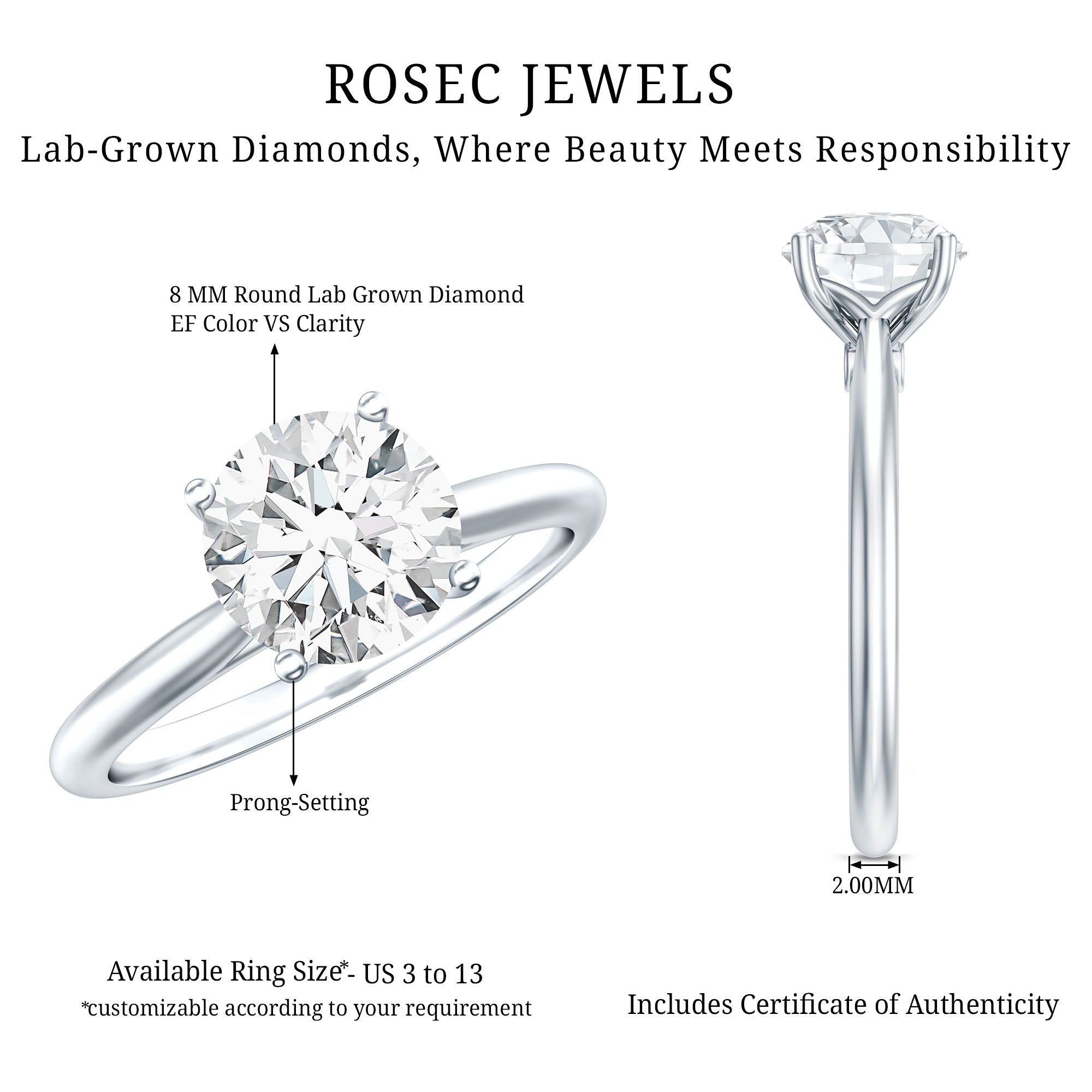 IGI Certified Lab Grown Diamond 2 Carat Engagement Ring for Women Lab - ( E-VS1 ) - Rosec Jewels