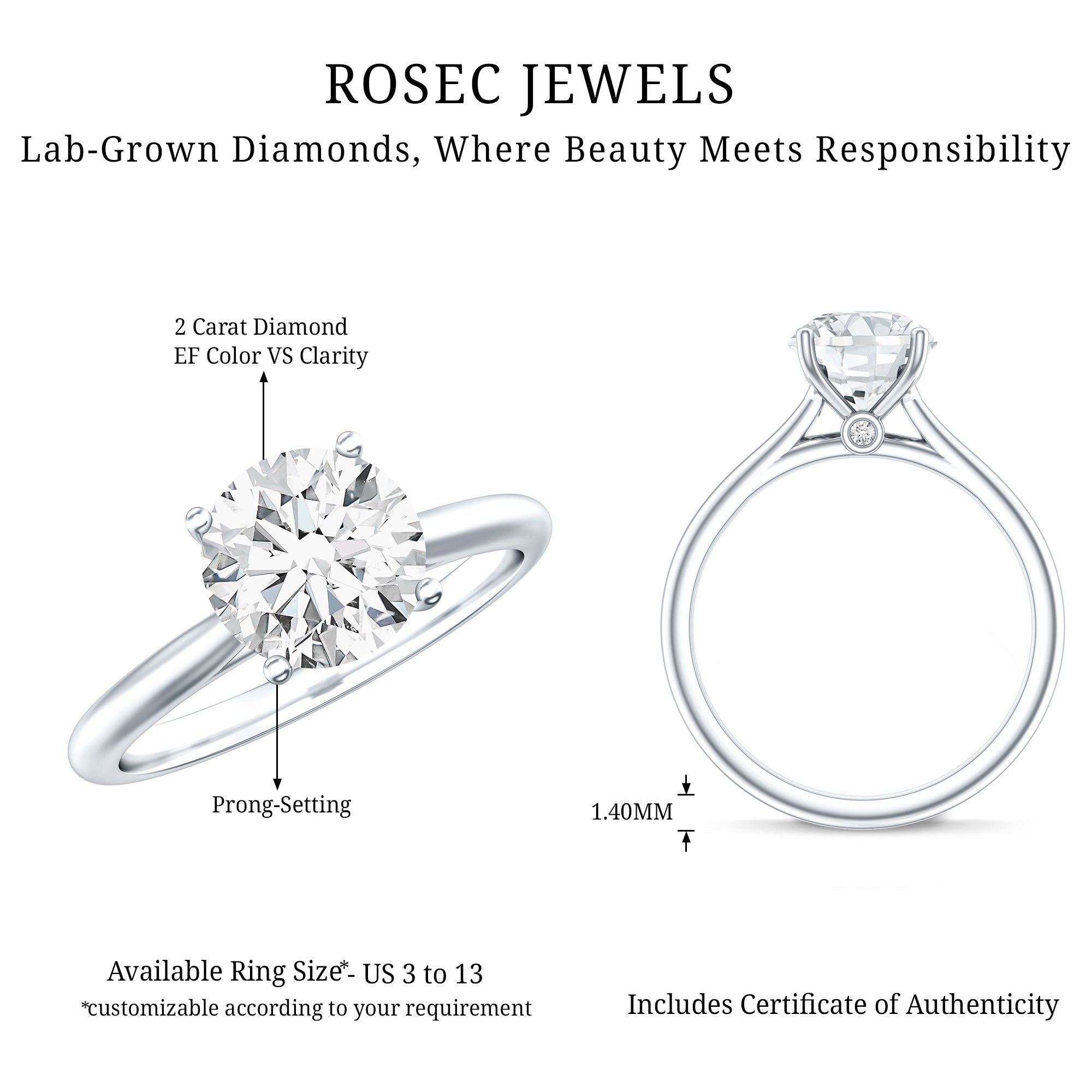 IGI Certified Lab Grown Diamond 2 Carat Engagement Ring for Women Lab - ( E-VS1 ) - Rosec Jewels