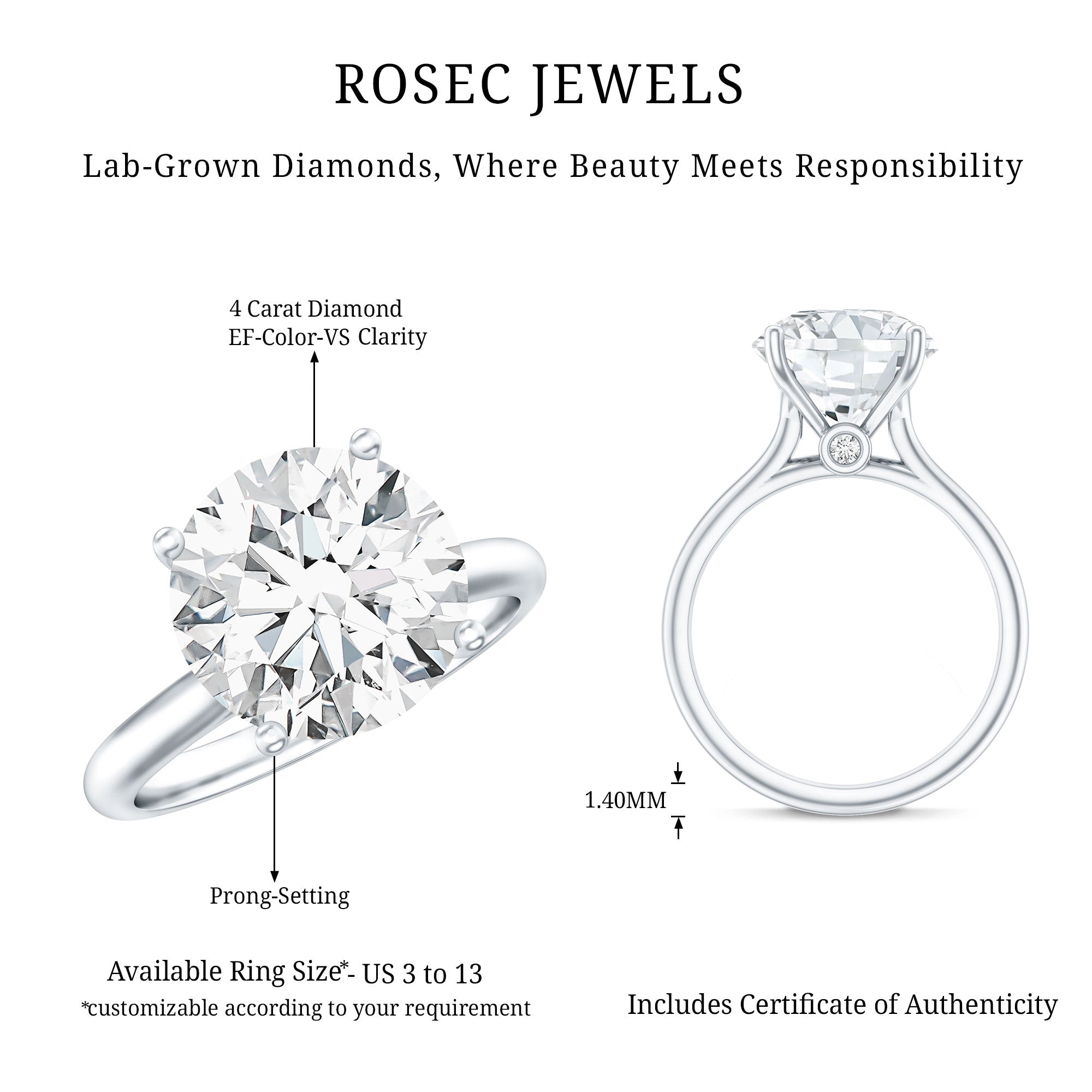 IGI Certified 4 Carat Lab Grown Diamond Engagement Ring Lab - ( E-VS1 ) - Rosec Jewels