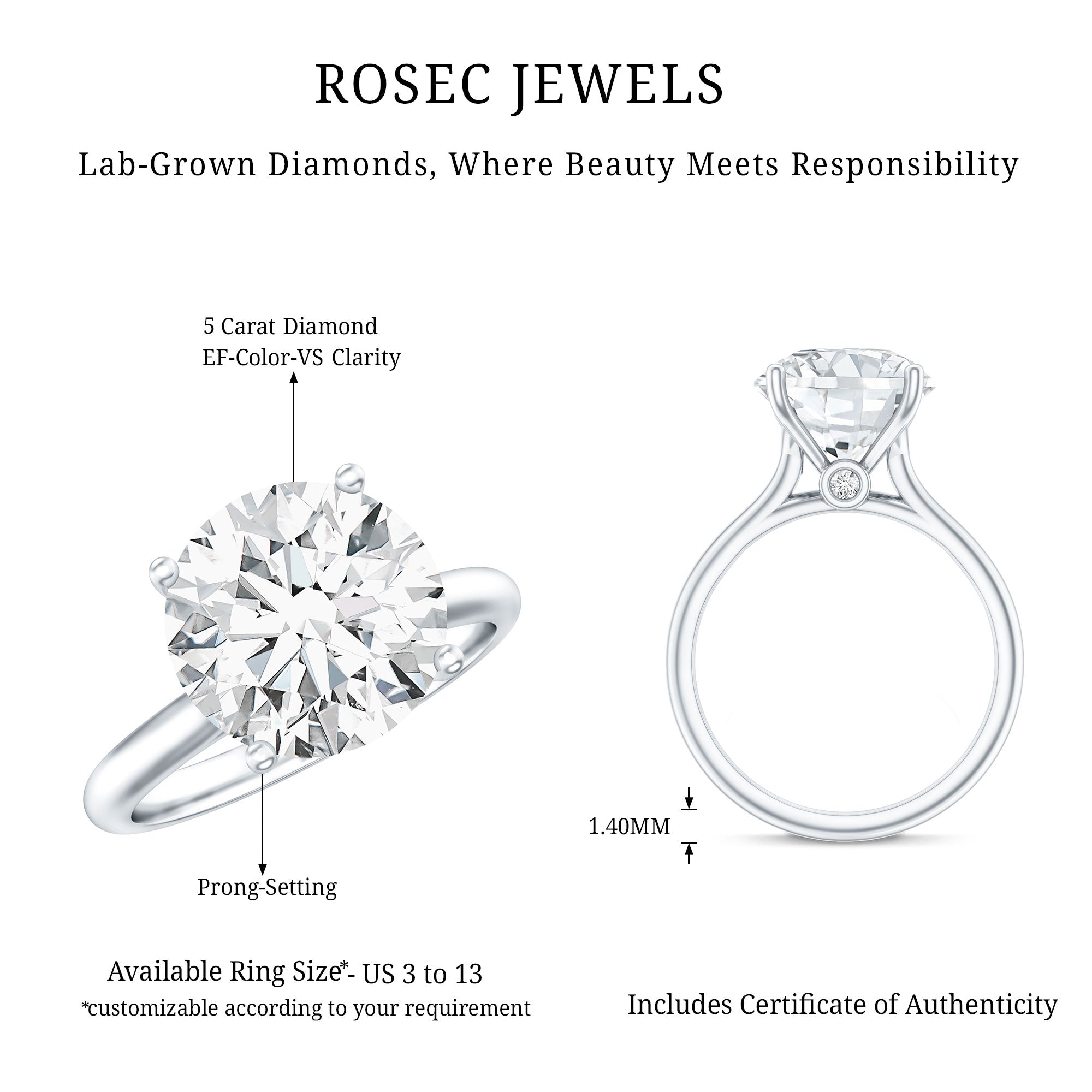 Lab Grown Diamond 5 Carat Engagement Ring with IGI Certificate Lab - ( E-VS1 ) - Rosec Jewels