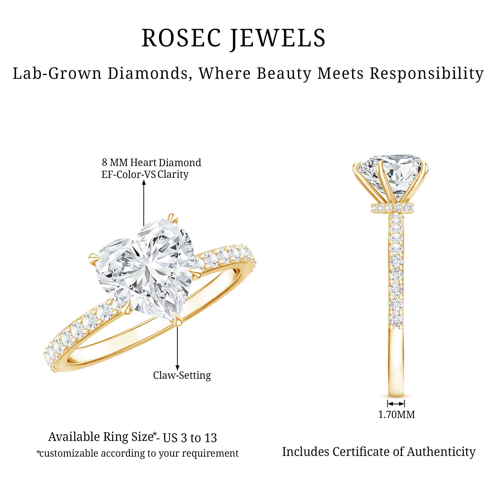 2 Carat Lab Grown Diamond Heart Engagement Ring for Her Lab - ( EF-VS ) - Rosec Jewels