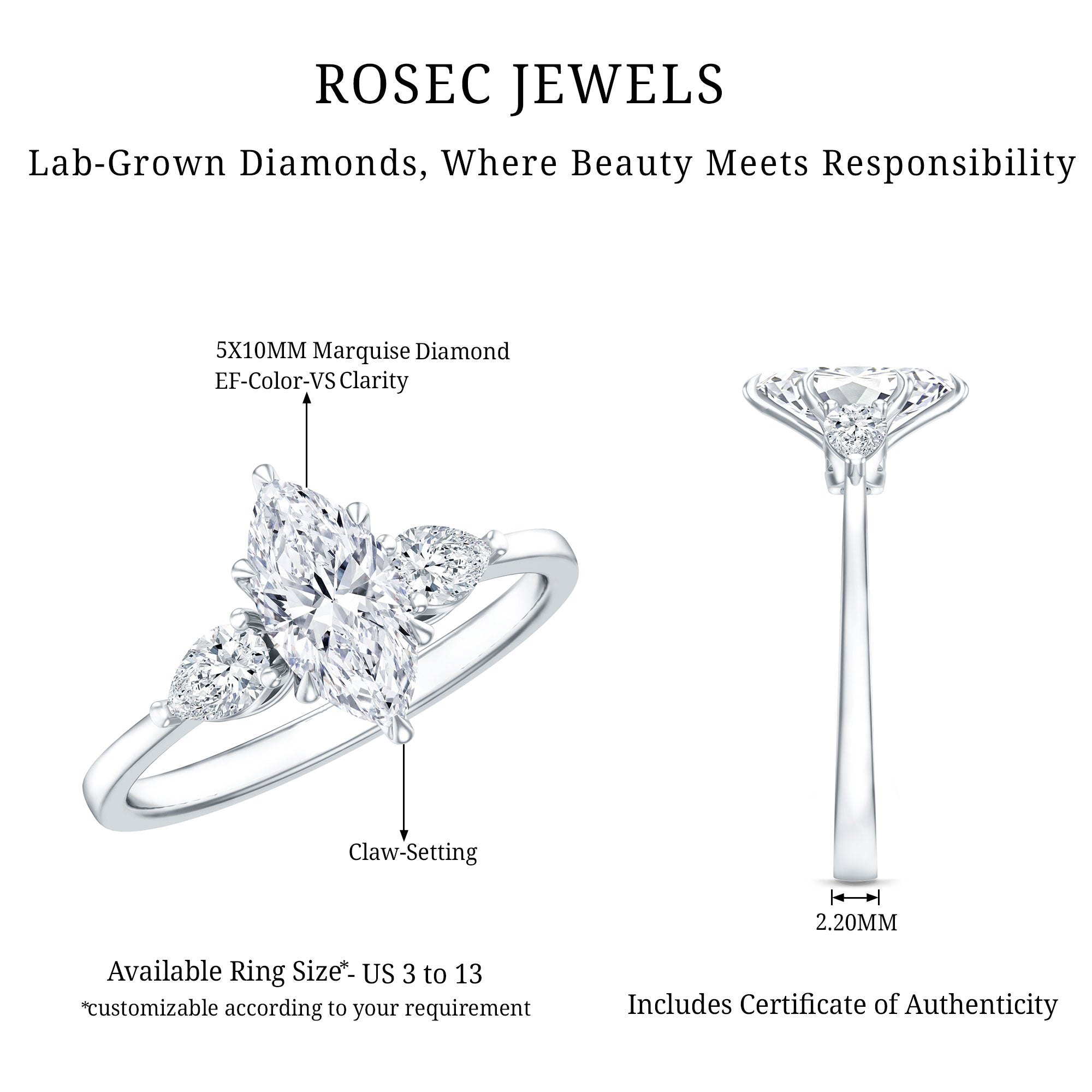 Rosec Jewels-Certified Lab Grown Diamond Three Stone Engagement Ring for Women