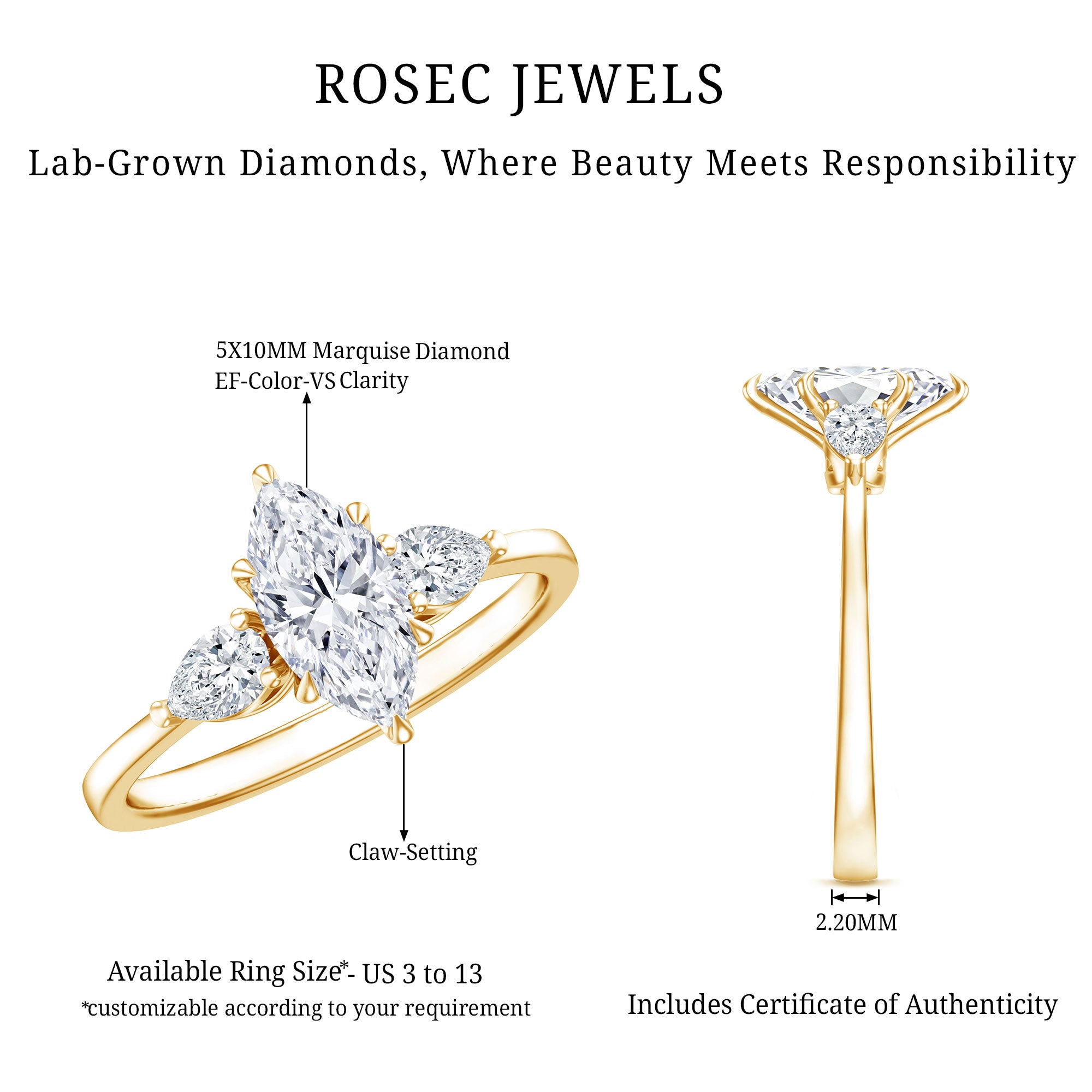 Certified Lab Grown Diamond Three Stone Engagement Ring for Women Lab - ( EF-VS ) - Rosec Jewels