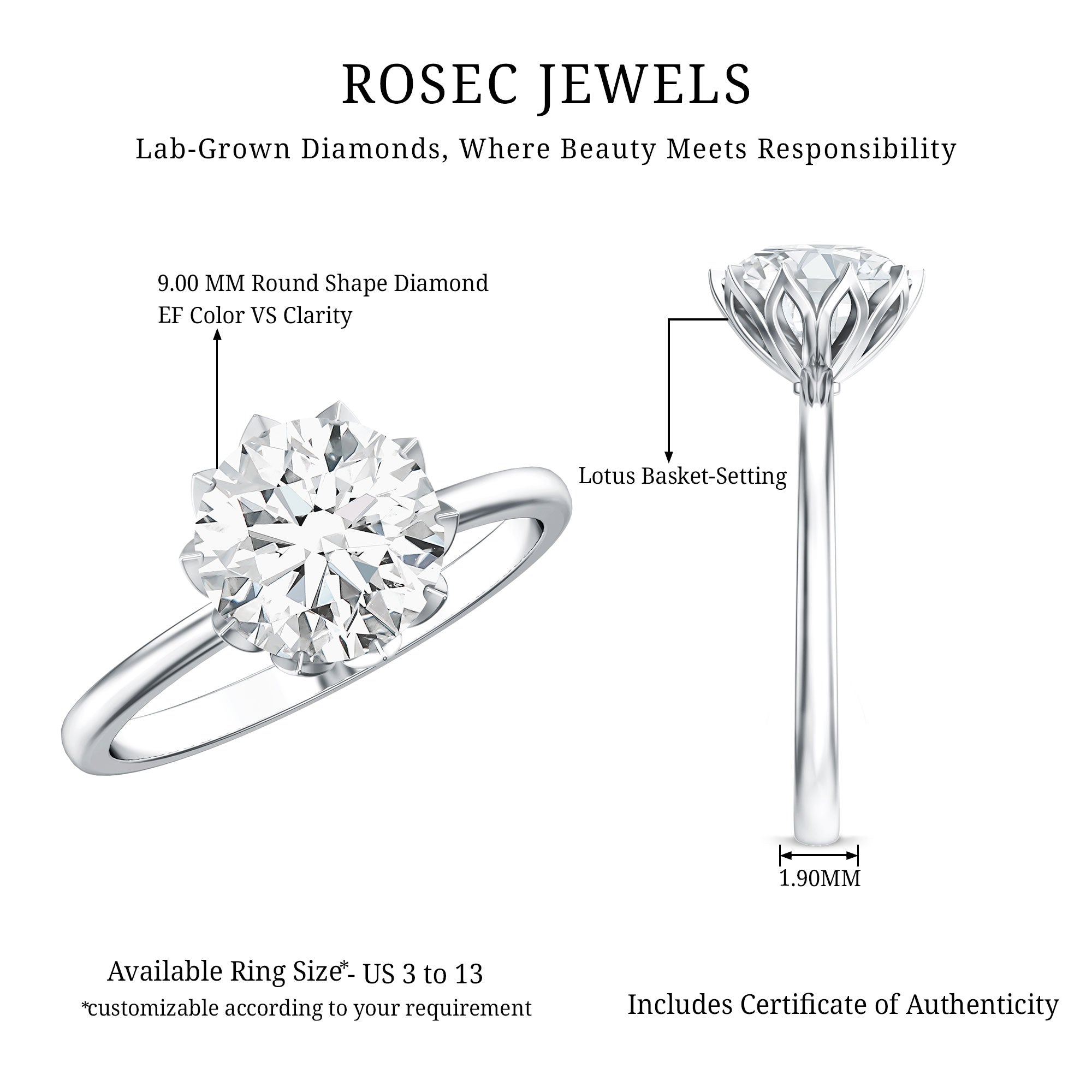 Lotus Basket Set Lab Grown Diamond 3 Carat Engagement Ring with IGI Certificate Lab - ( E-VS1 ) - Rosec Jewels