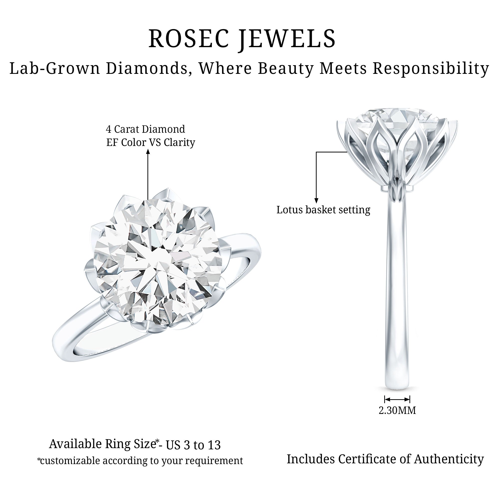 IGI Certified 4 CT Lab Grown Diamond Lotus Engagement Ring Lab - ( E-VS1 ) - Rosec Jewels