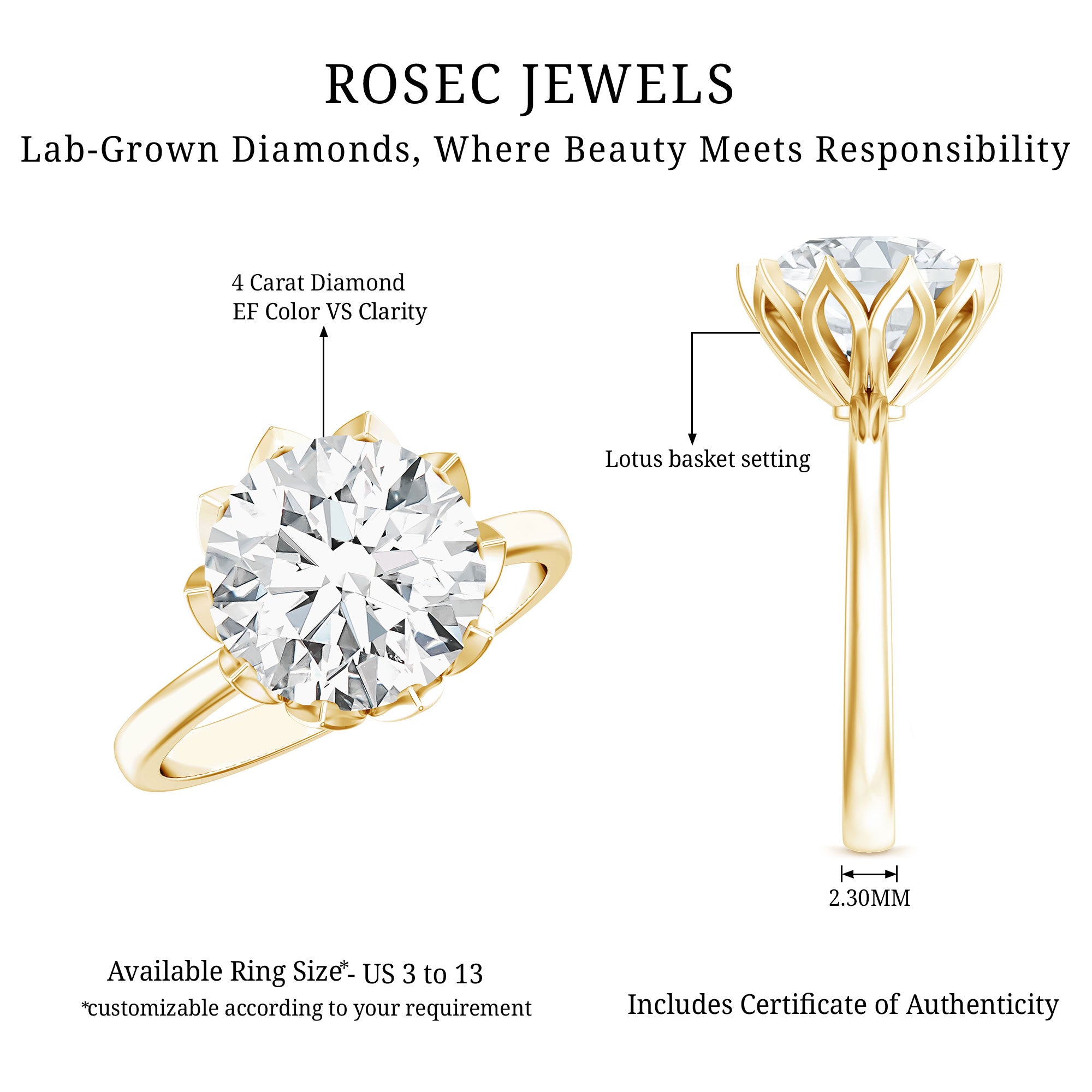 IGI Certified 4 CT Lab Grown Diamond Lotus Engagement Ring Lab - ( E-VS1 ) - Rosec Jewels
