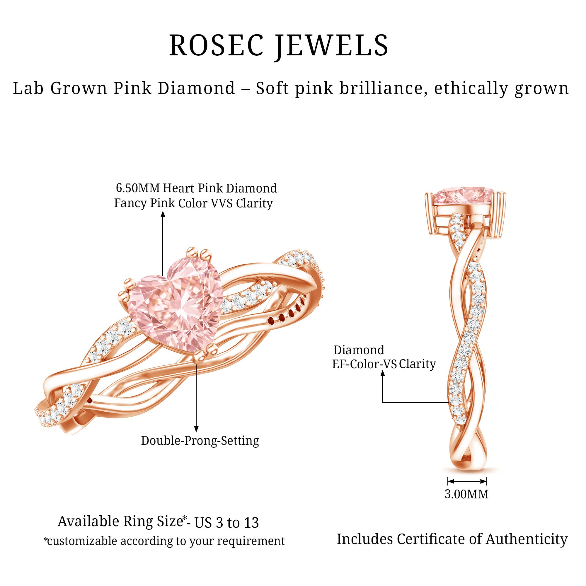 1 CT IGI Certified Lab Grown Pink Diamond Heart Engagement Ring with Crossover Shank VVS - Rosec Jewels