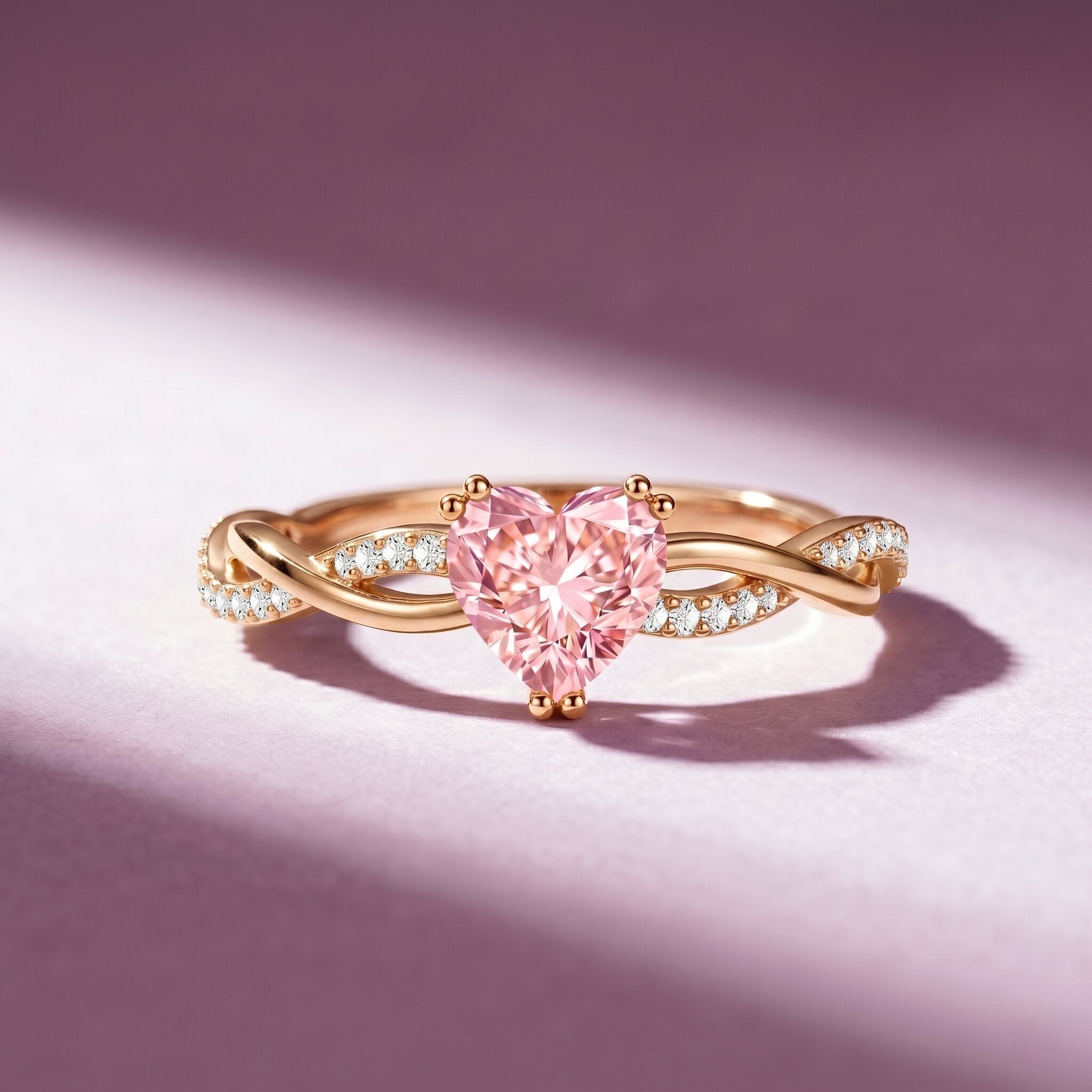 1 CT IGI Certified Lab Grown Pink Diamond Heart Engagement Ring with Crossover Shank Fancy Pink - VS1 - Rosec Jewels