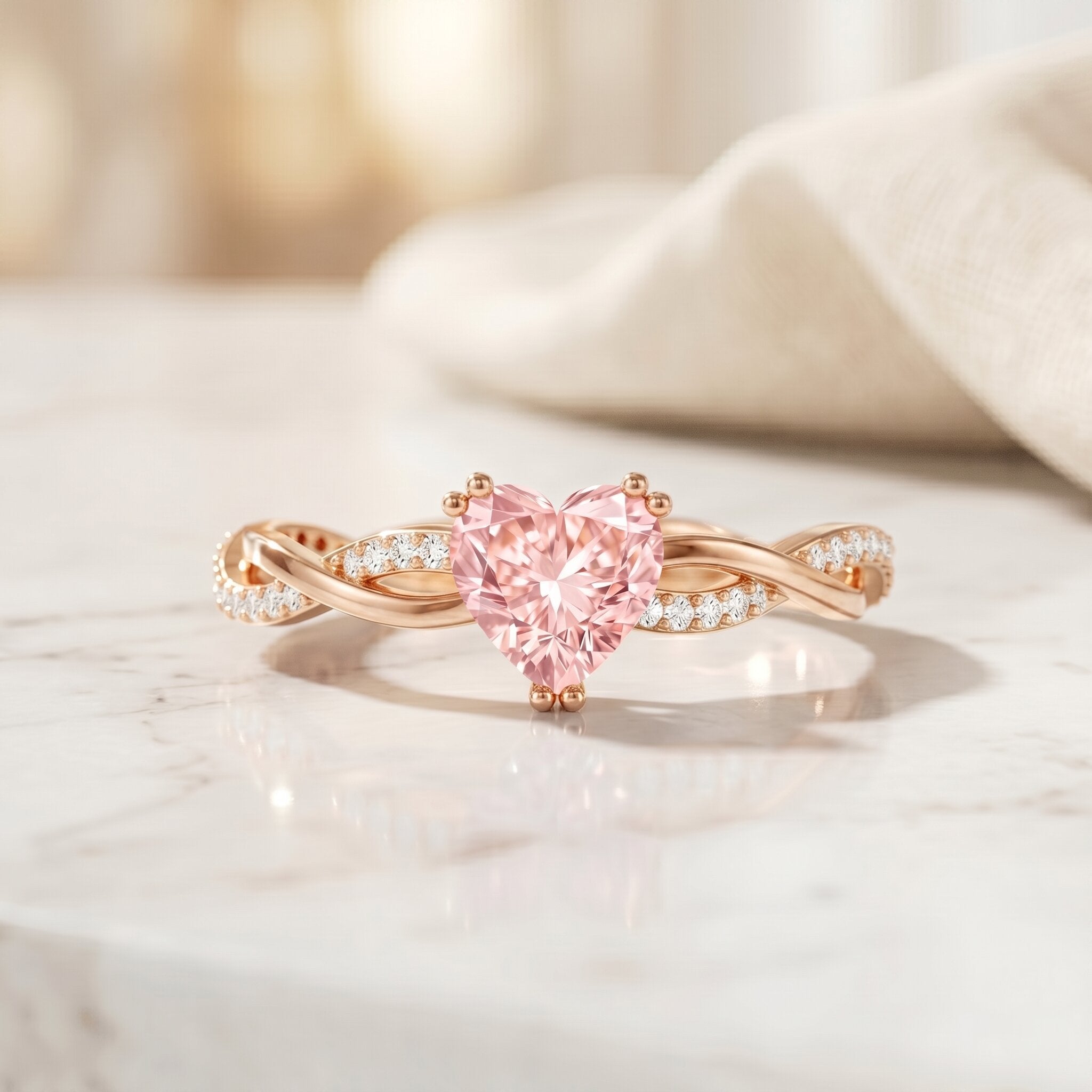 1 CT IGI Certified Lab Grown Pink Diamond Heart Engagement Ring with Crossover Shank Fancy Pink - VS1 - Rosec Jewels