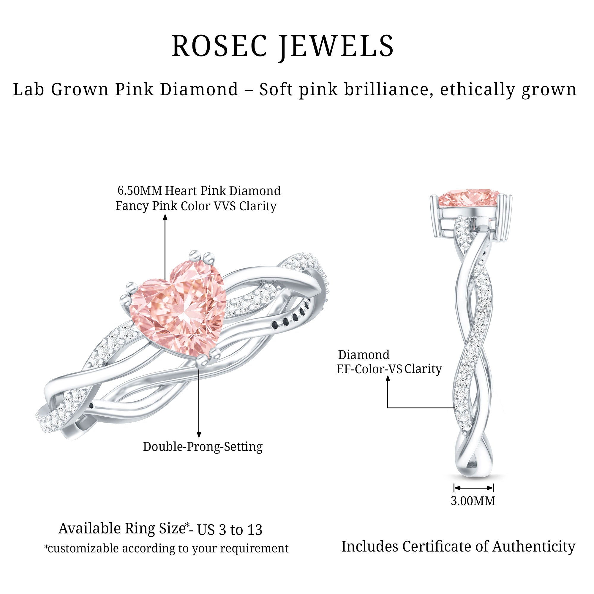 Rosec Jewels-1 CT Lab Grown Pink Diamond Heart Engagement Ring with Crossover Shank