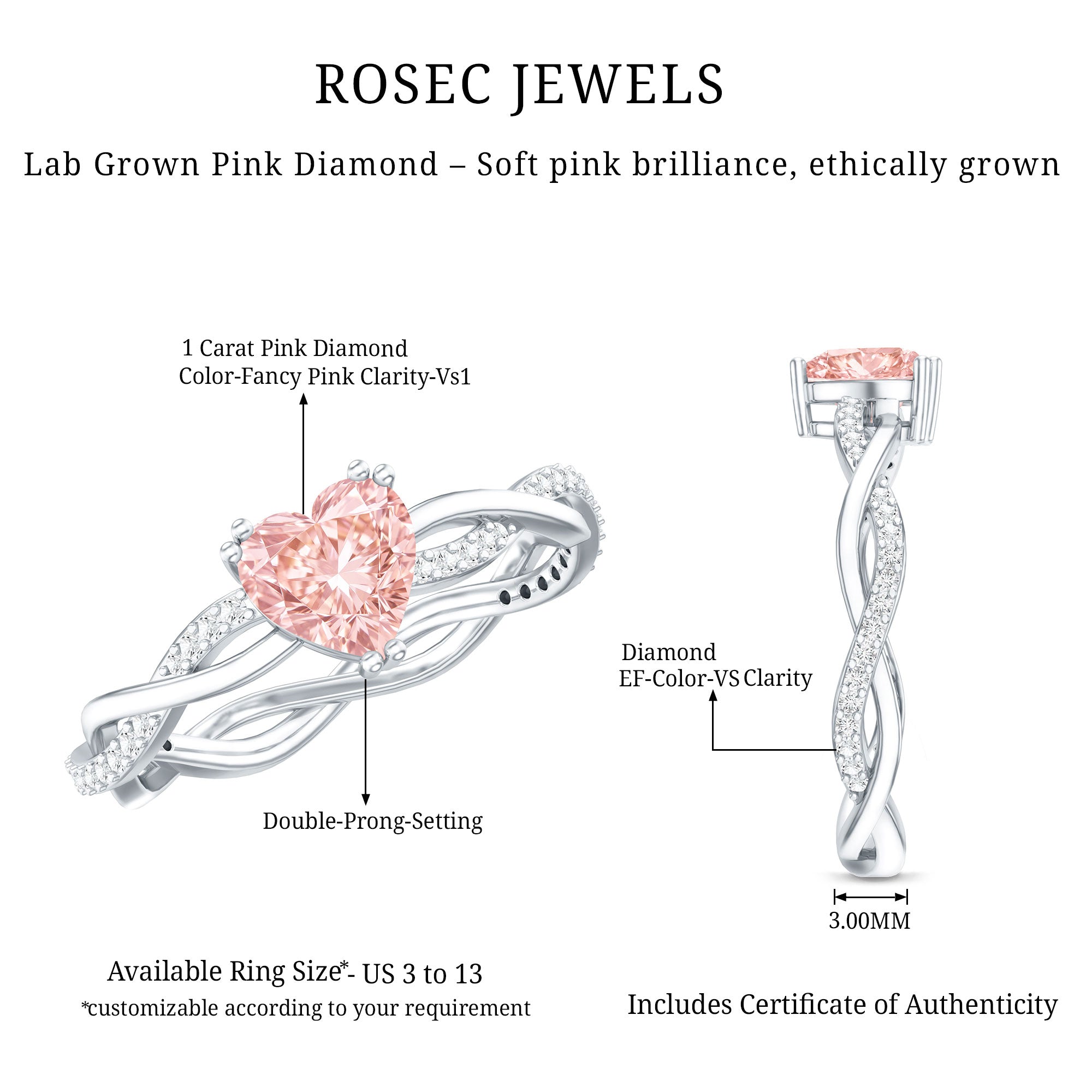 1 CT IGI Certified Lab Grown Pink Diamond Heart Engagement Ring with Crossover Shank Fancy Pink - VS1 - Rosec Jewels
