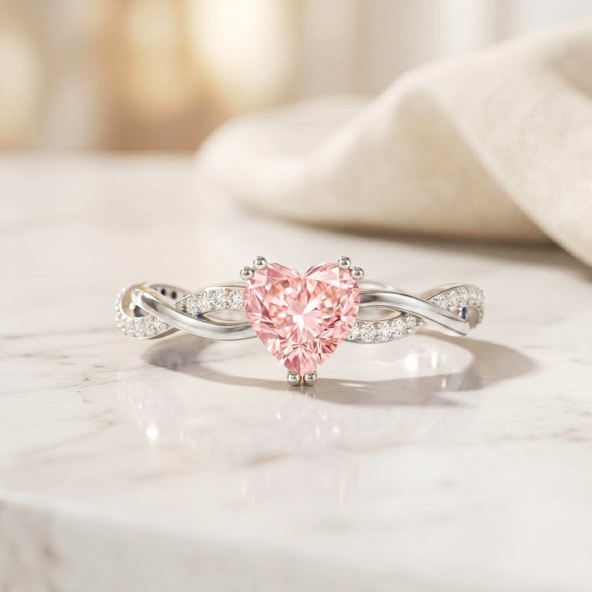1 CT IGI Certified Lab Grown Pink Diamond Heart Engagement Ring with Crossover Shank Fancy Pink - VS1 - Rosec Jewels
