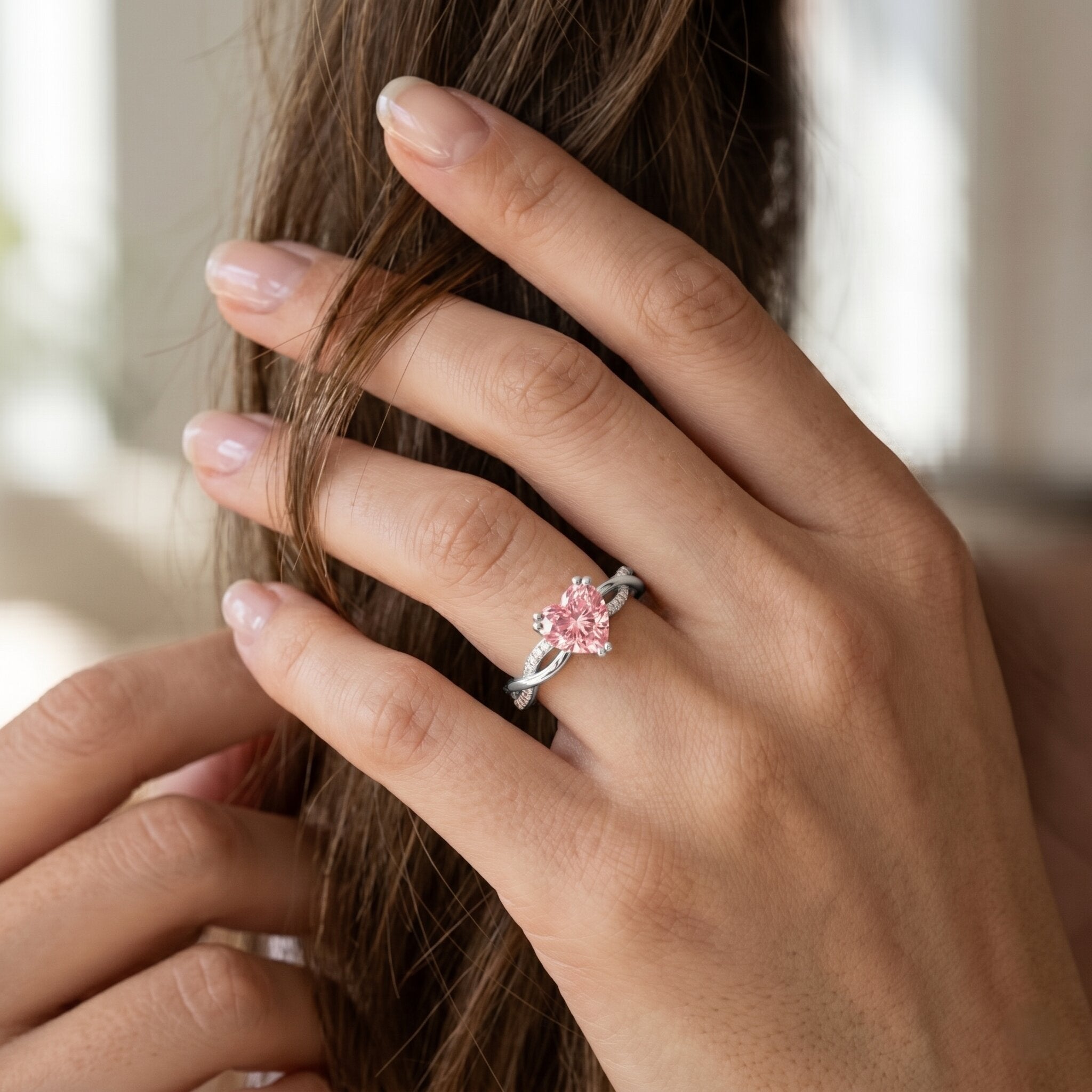 1 CT IGI Certified Lab Grown Pink Diamond Heart Engagement Ring with Crossover Shank Fancy Pink - VS1 - Rosec Jewels