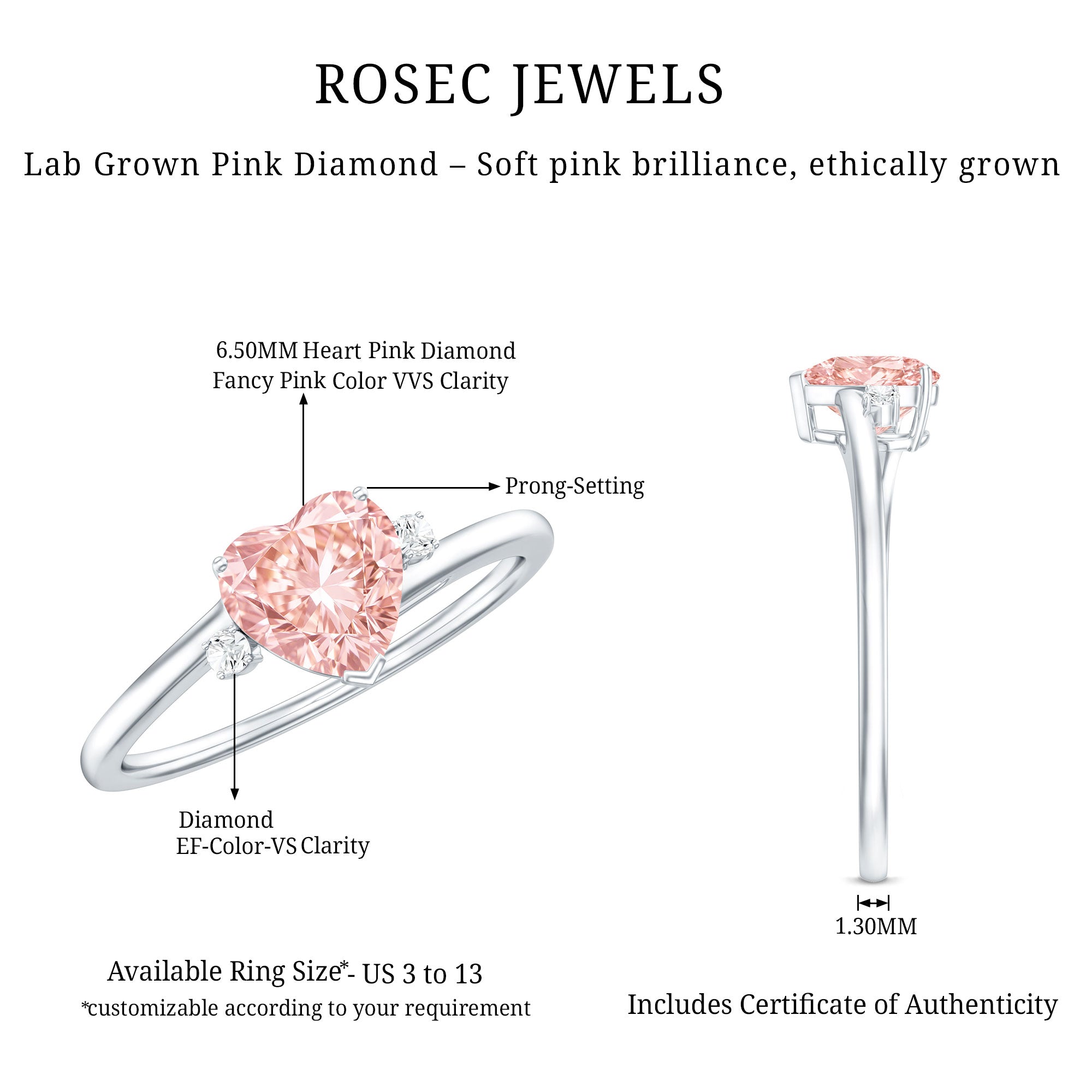 Rosec Jewels-1 CT Lab Grown Pink Diamond Heart Promise Ring