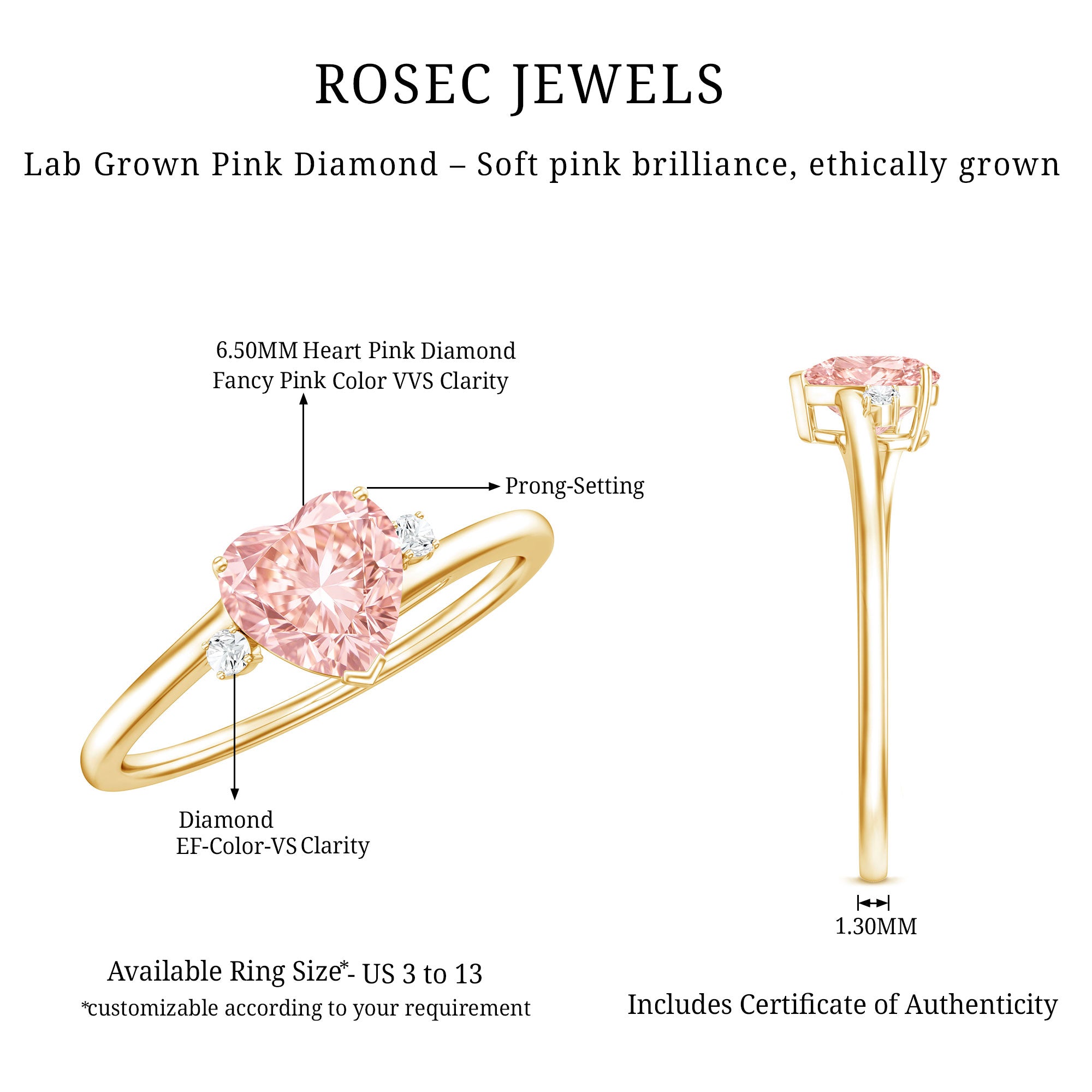 Rosec Jewels-1 CT Lab Grown Pink Diamond Heart Promise Ring