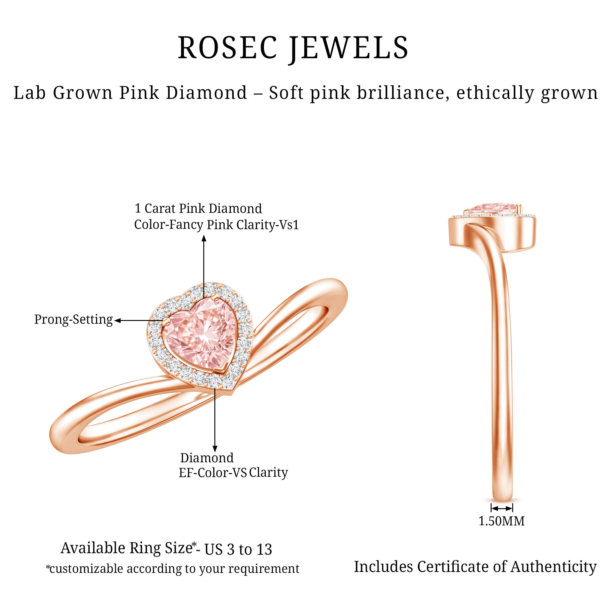 IGI Certified Lab Grown Pink Diamond Heart Promise Ring with Halo Fancy Pink - VS1 - Rosec Jewels