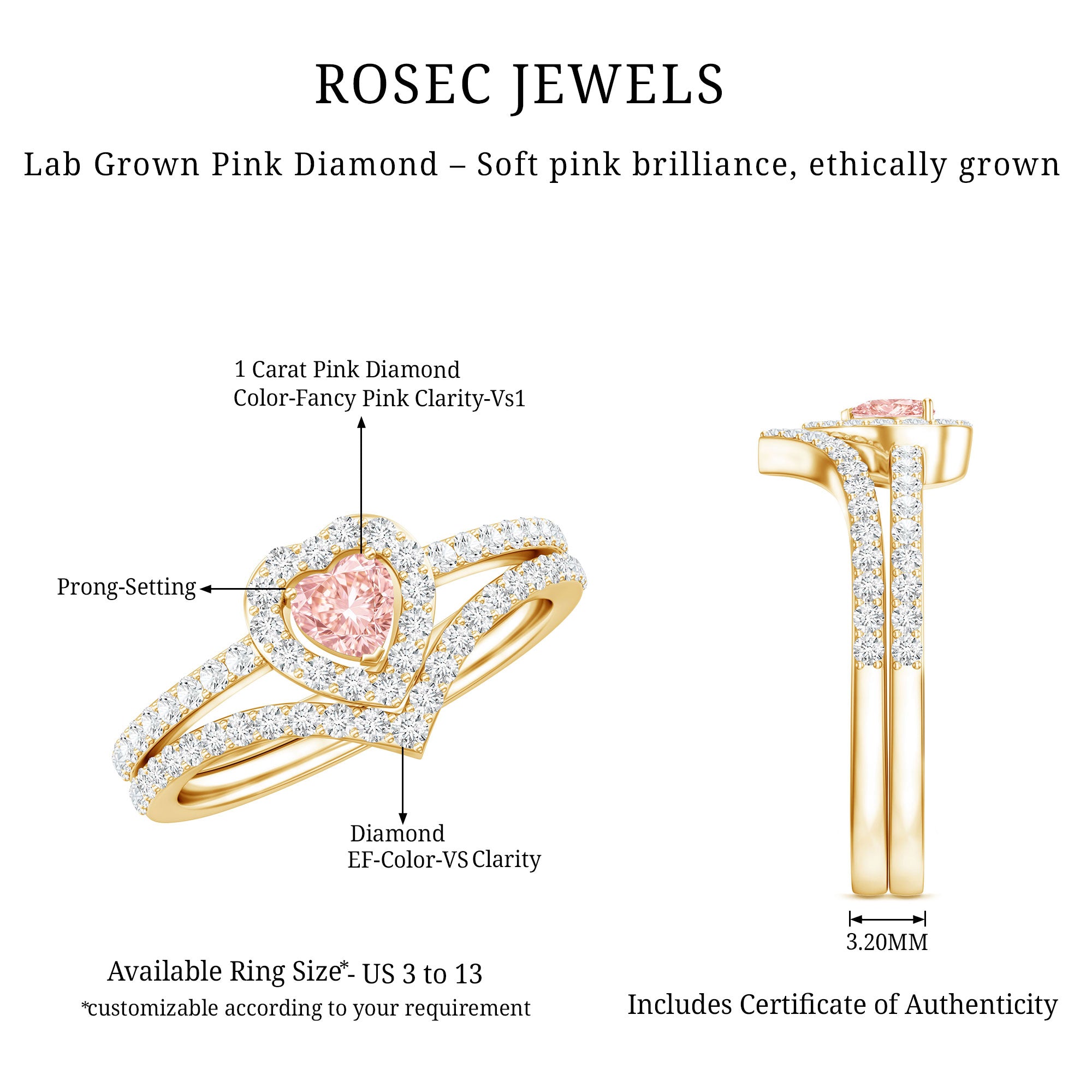 Heart Shape Lab Grown Pink and White Diamond Wedding Ring Set with IGI Certificate Fancy Pink - VS1 - Rosec Jewels