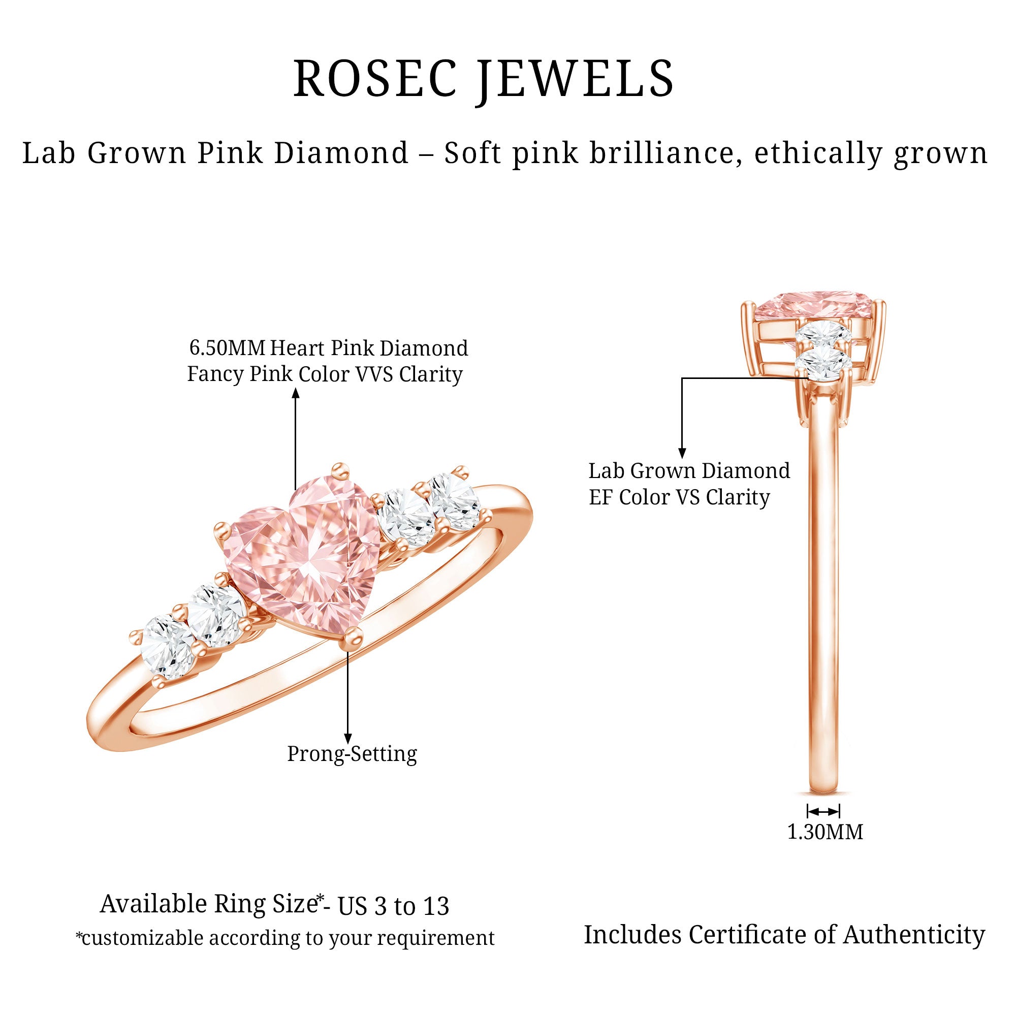 IGI Certified 1 Carat Lab Grown Pink and White Diamond Heart Promise Ring for Her Fancy Pink - VS1 - Rosec Jewels