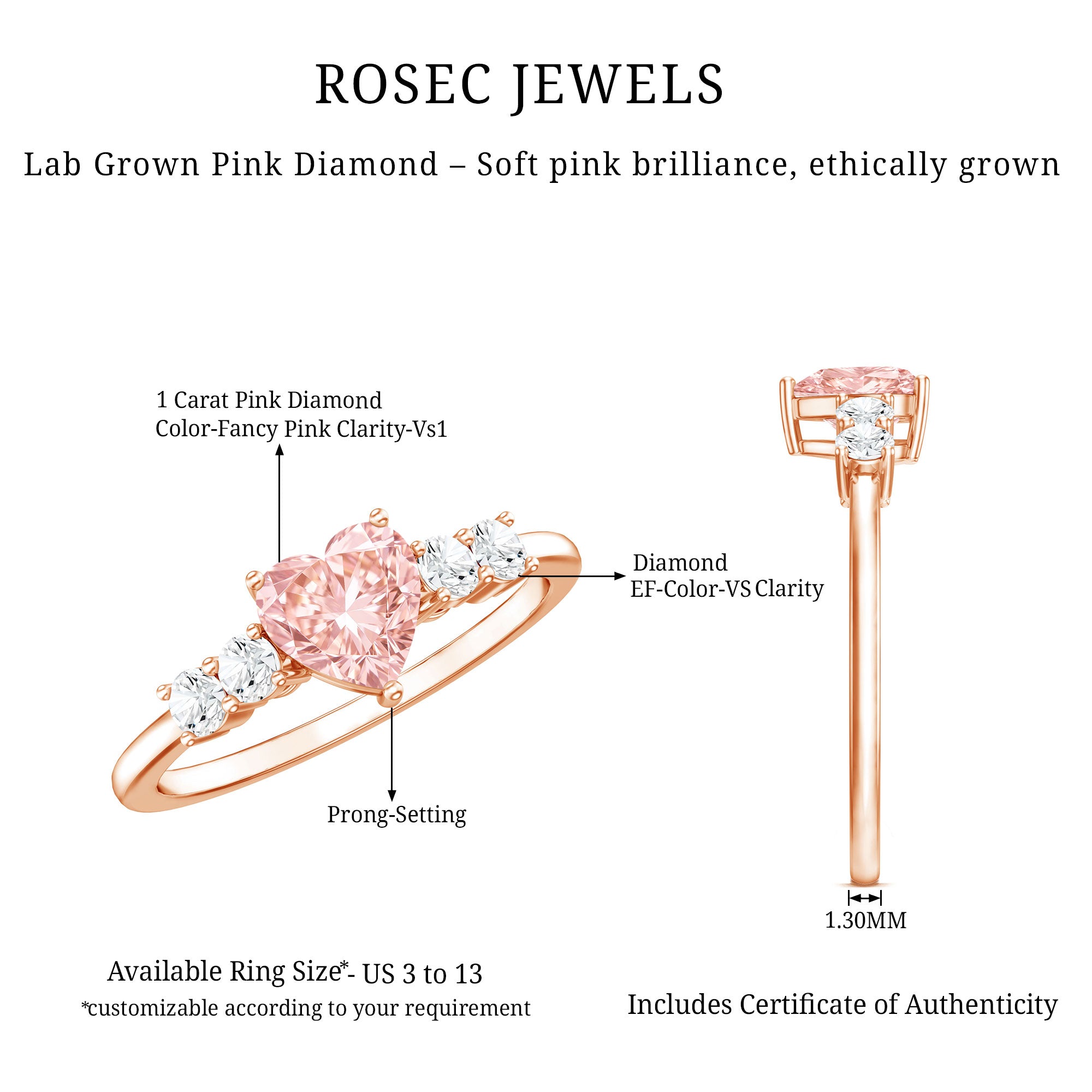 IGI Certified 1 Carat Lab Grown Pink and White Diamond Heart Promise Ring for Her Fancy Pink - VS1 - Rosec Jewels