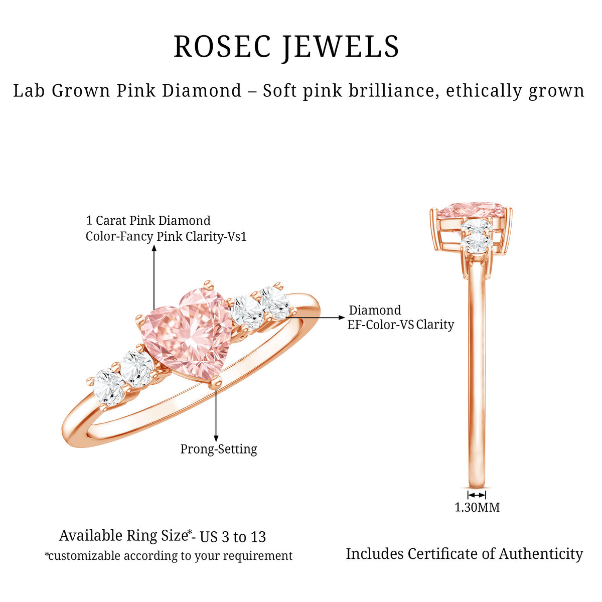 IGI Certified 1 Carat Lab Grown Pink and White Diamond Heart Promise Ring for Her Fancy Pink - VS1 - Rosec Jewels