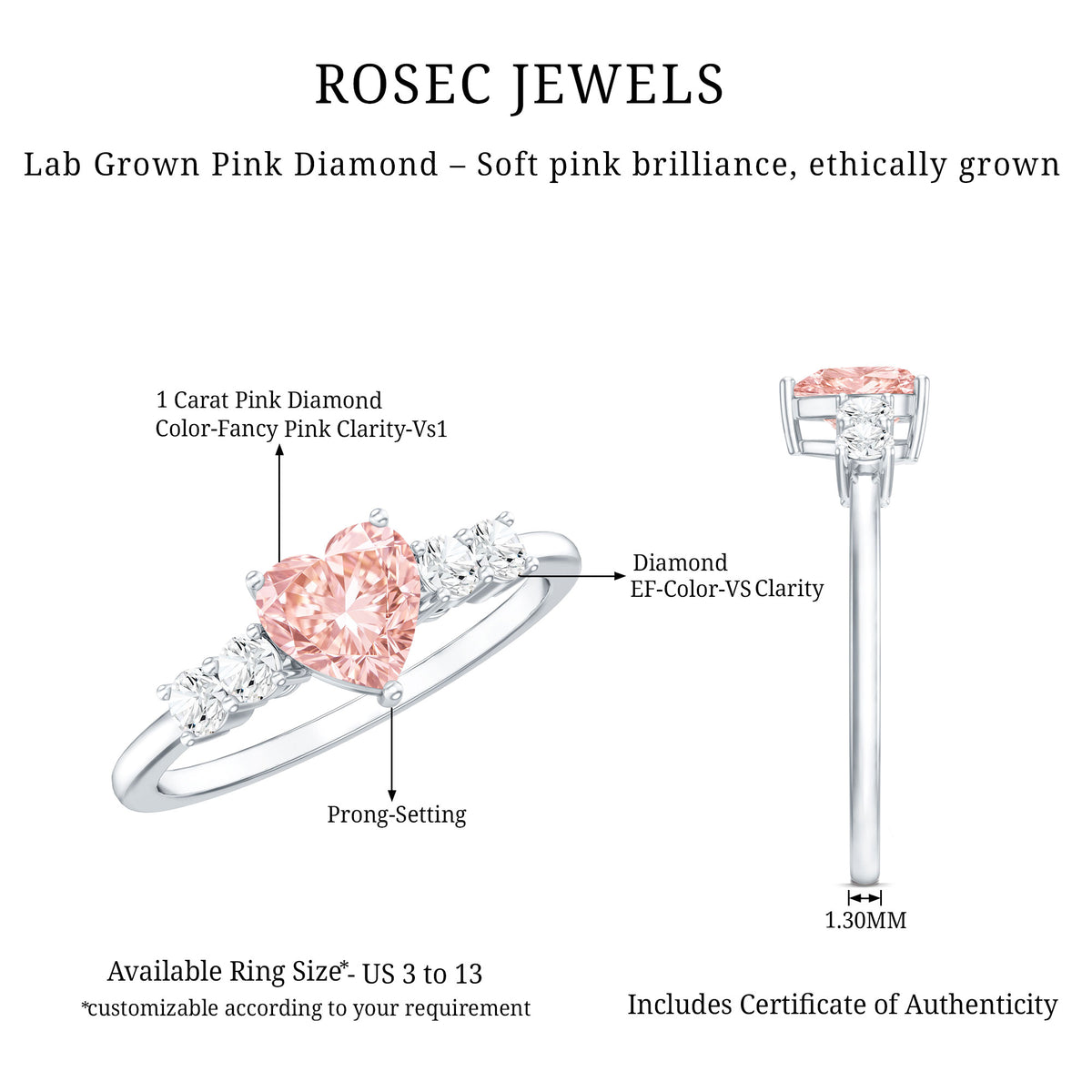 IGI Certified 1 Carat Lab Grown Pink and White Diamond Heart Promise Ring for Her Fancy Pink - VS1 - Rosec Jewels