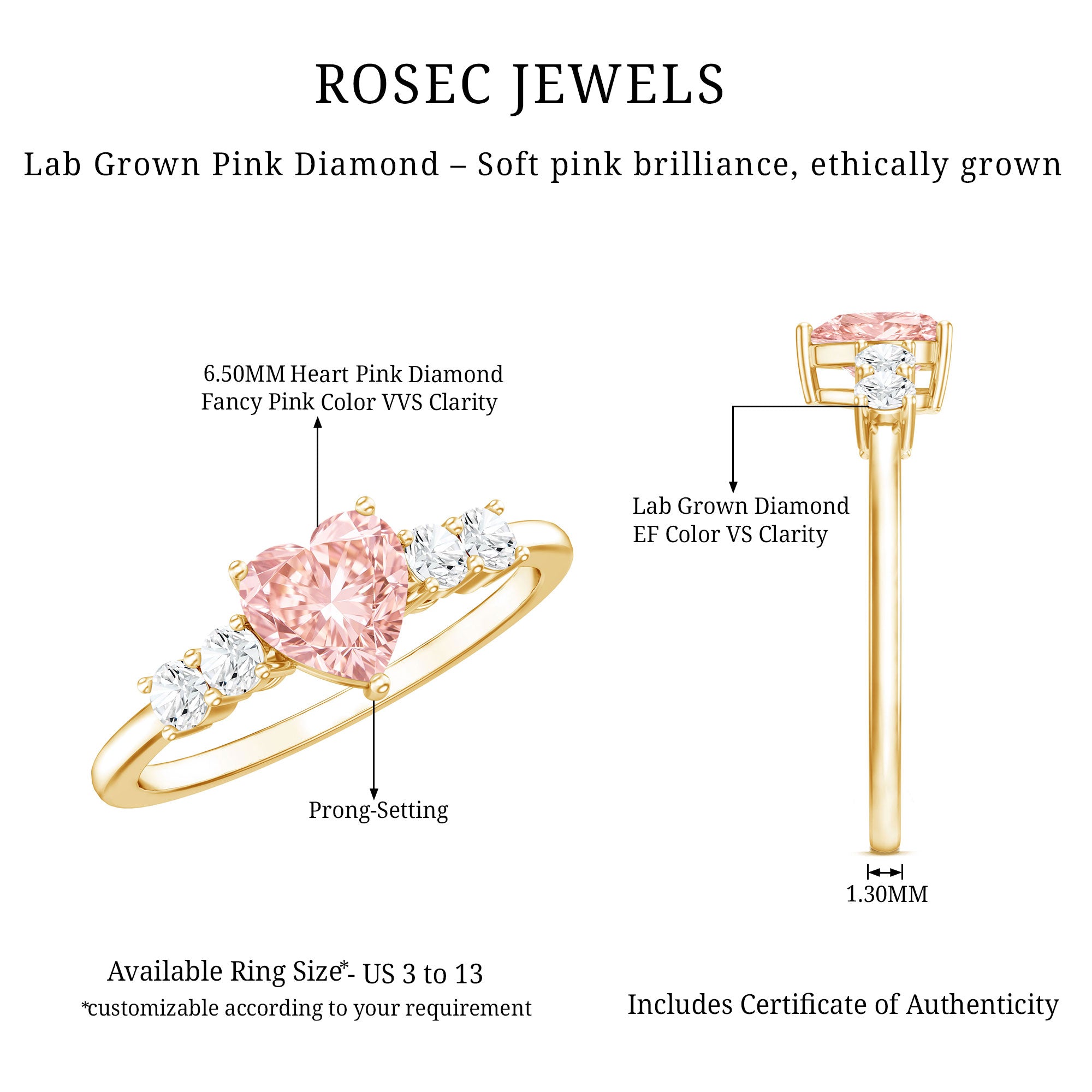 IGI Certified 1 Carat Lab Grown Pink and White Diamond Heart Promise Ring for Her VVS - Rosec Jewels