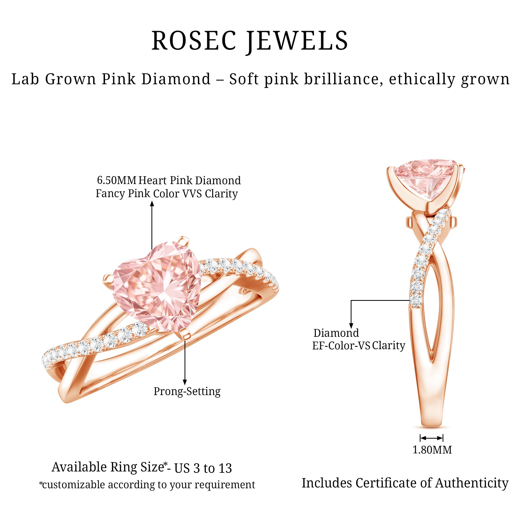 IGI Certified 1 CT Solitaire Lab Grown Pink Diamond Heart Engagement Ring E-VS1 - Rosec Jewels