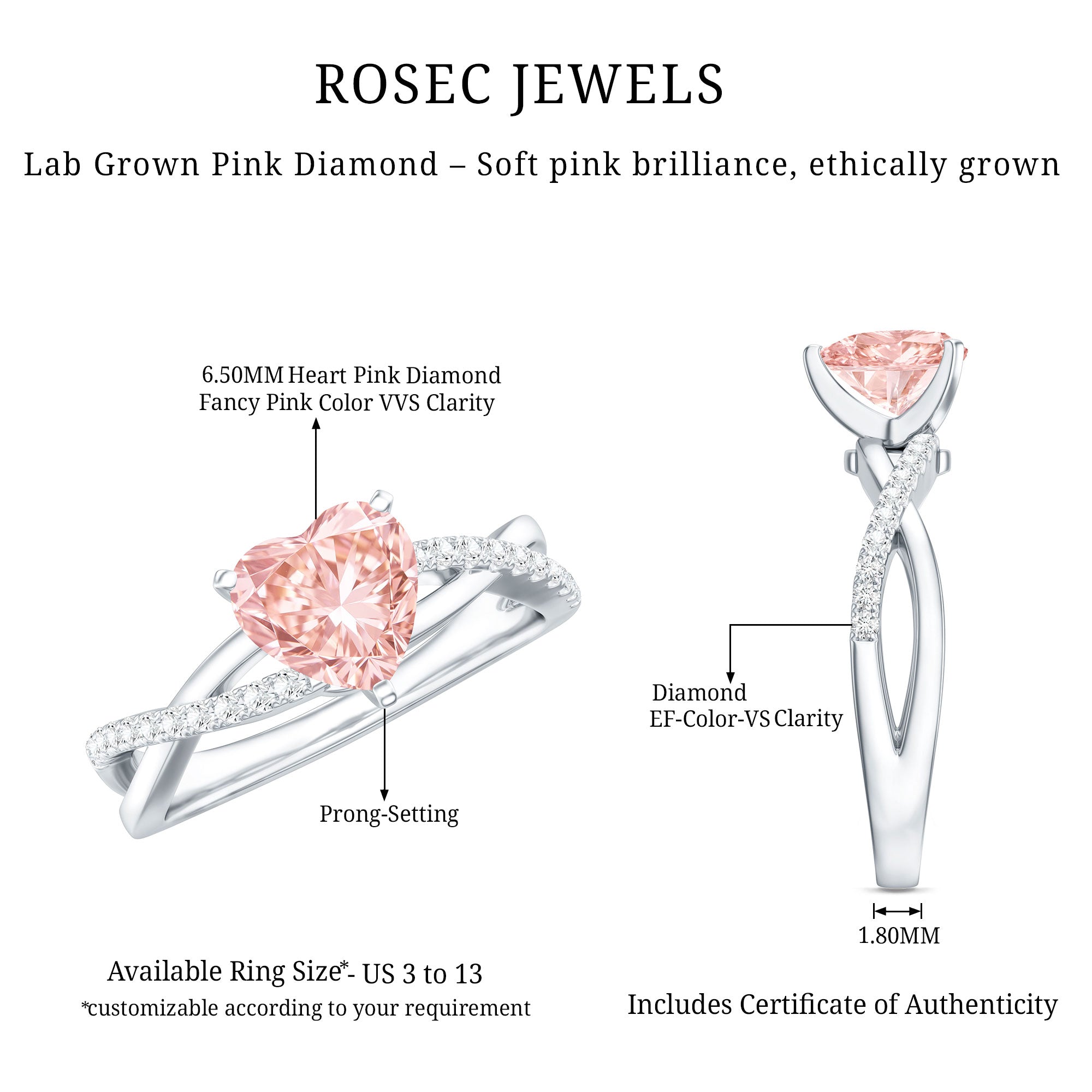 IGI Certified 1 CT Solitaire Lab Grown Pink Diamond Heart Engagement Ring E-VS1 - Rosec Jewels