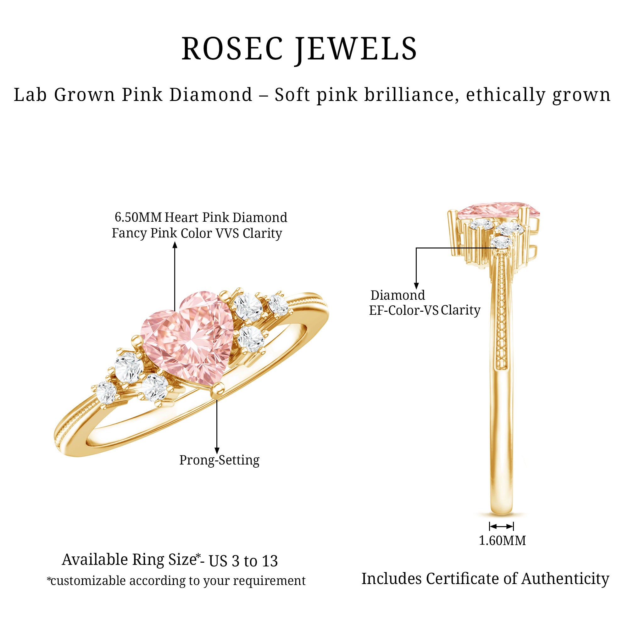 1 CT Lab Grown Pink and White Diamond Heart Engagement Ring IGI Certified E-VS1 - Rosec Jewels