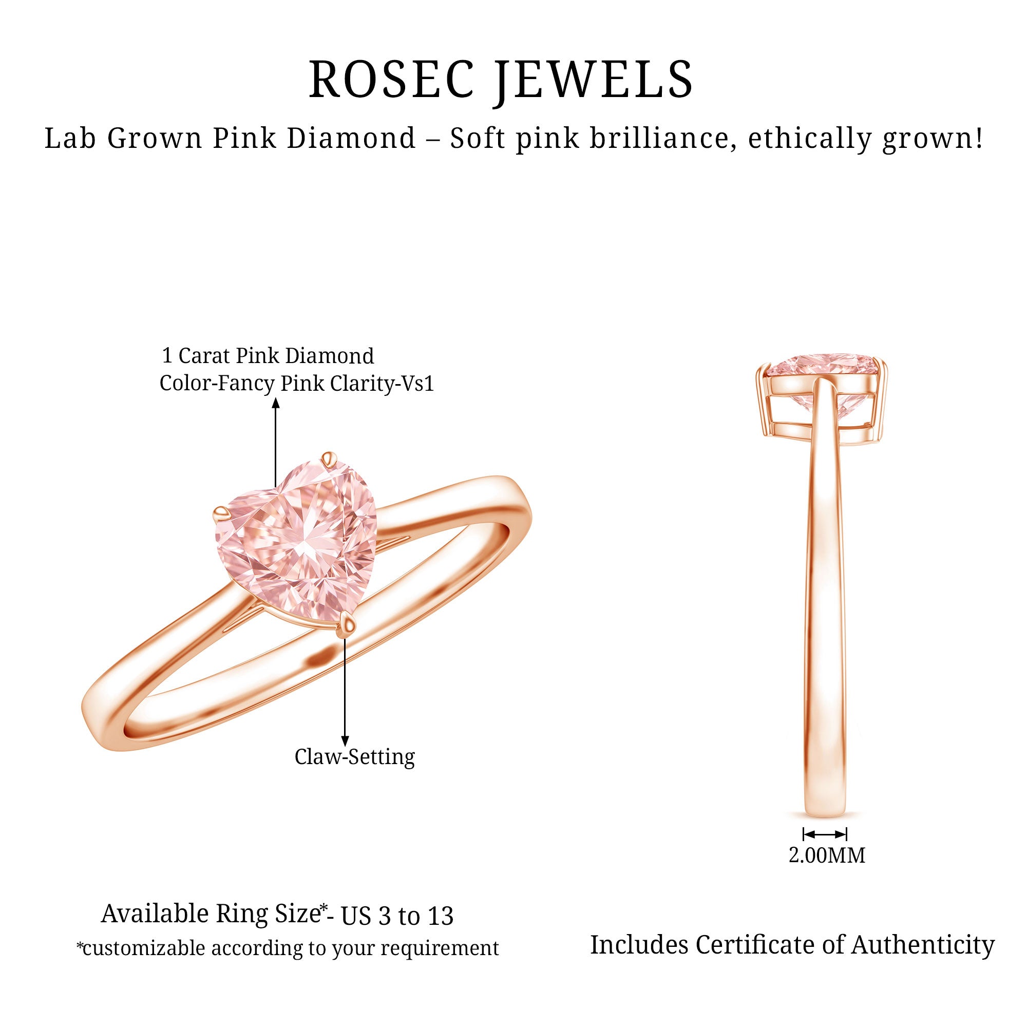 1 CT Lab Grown Pink Diamond Heart Promise Ring with IGI Certificate Fancy Pink - VS1 - Rosec Jewels