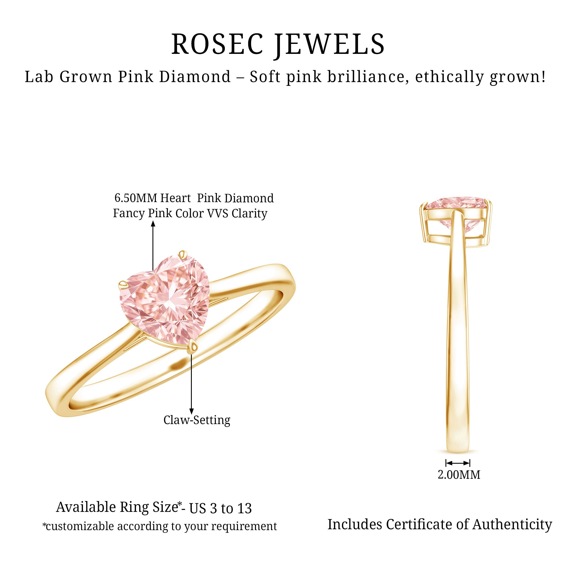 1 CT Lab Grown Pink Diamond Heart Promise Ring with IGI Certificate VVS - Rosec Jewels
