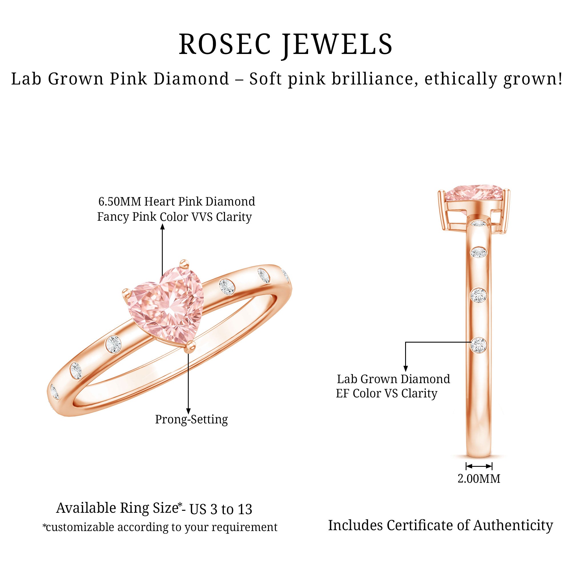 Rosec Jewels-Solitaire Lab Grown Pink Diamond Engagement Ring for Women