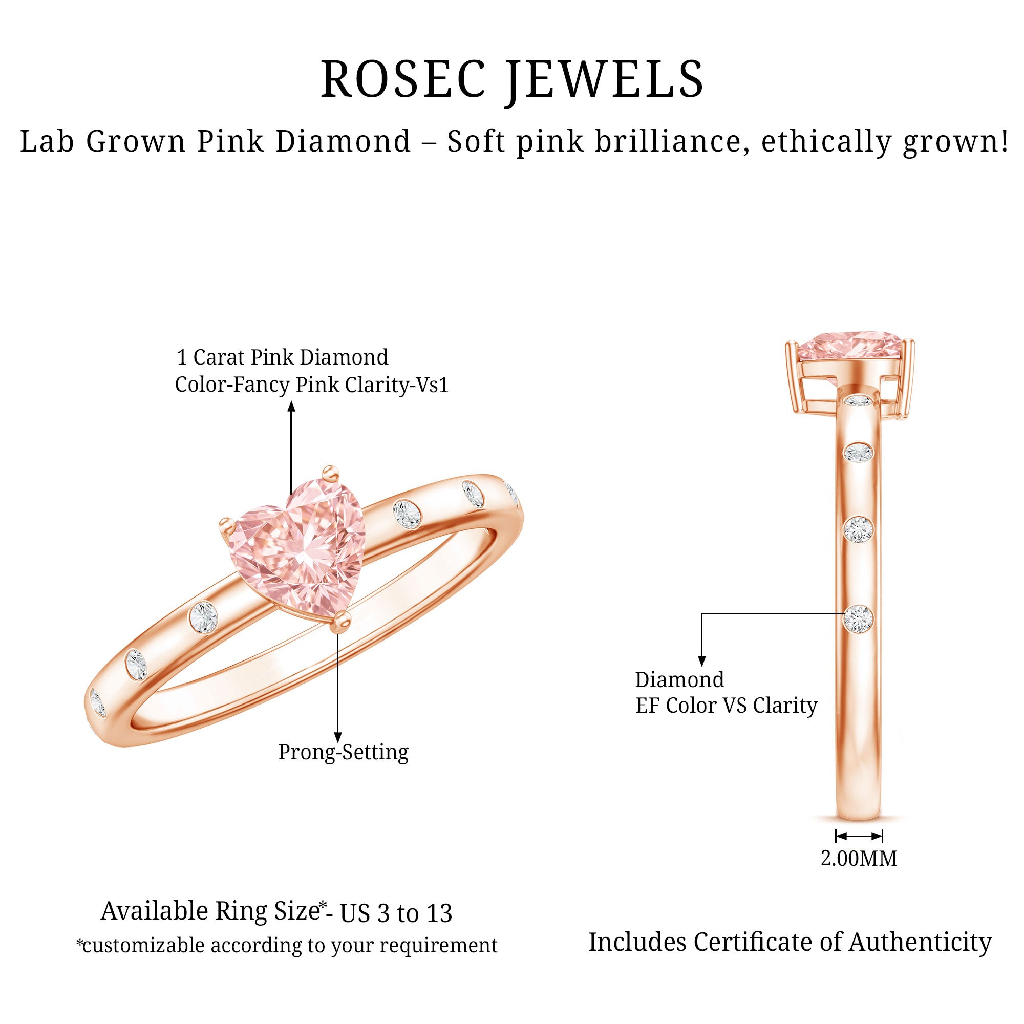 IGI Certified Solitaire Lab Grown Pink Diamond Engagement Ring for Women Fancy Pink - VS1 - Rosec Jewels