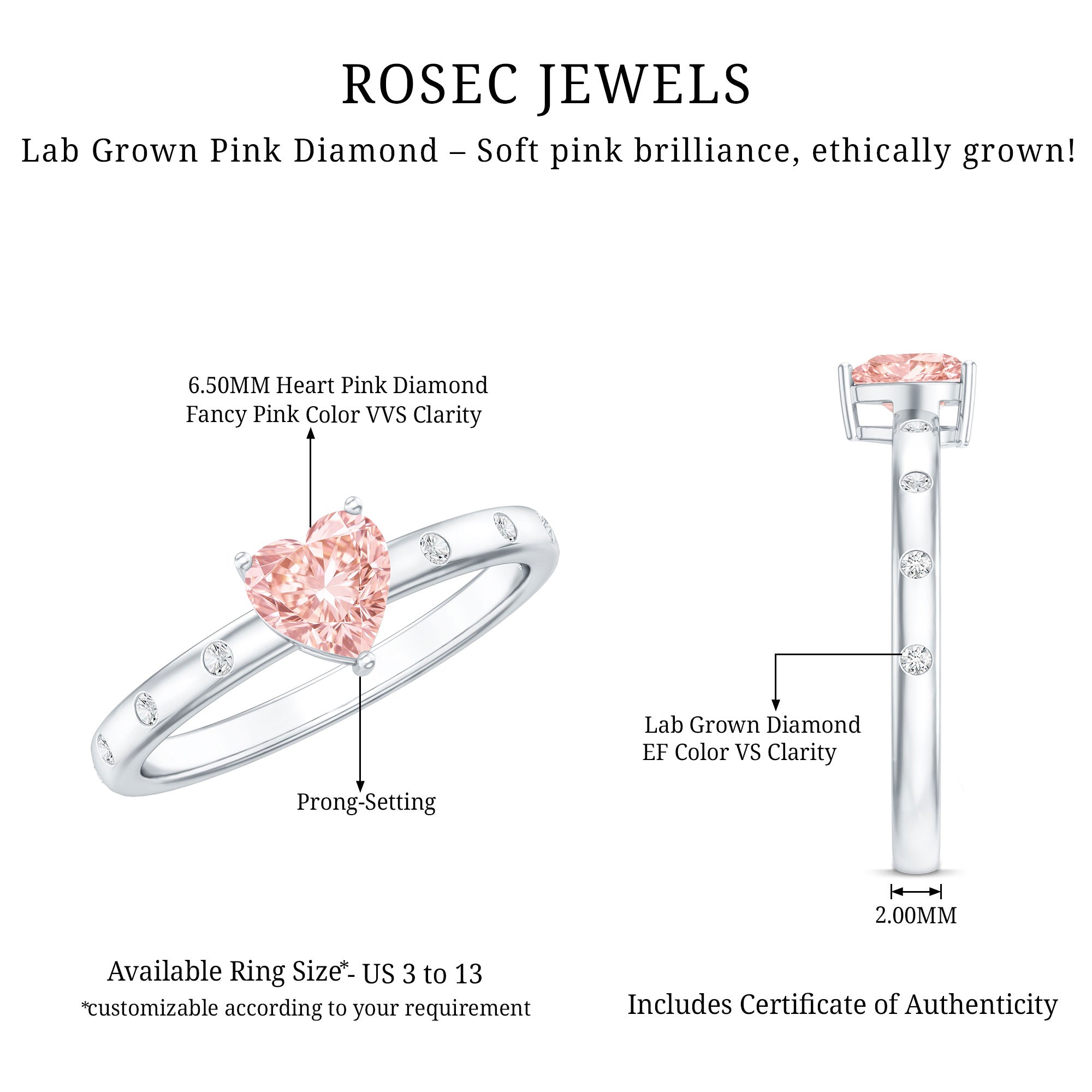IGI Certified Solitaire Lab Grown Pink Diamond Engagement Ring for Women Fancy Pink - VS1 - Rosec Jewels