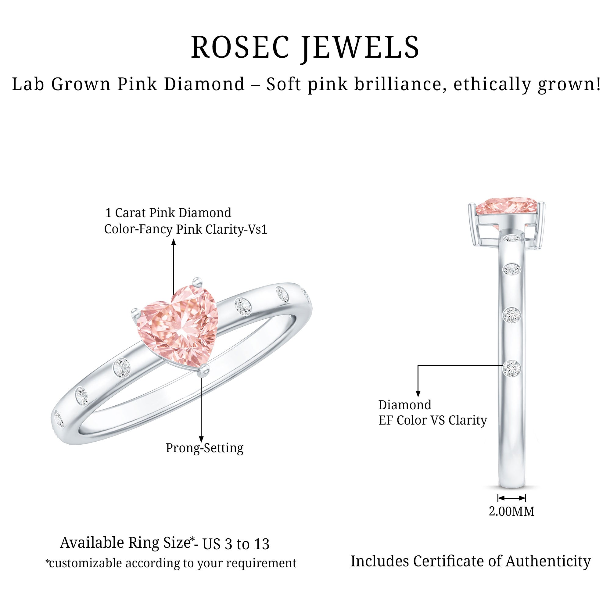 IGI Certified Solitaire Lab Grown Pink Diamond Engagement Ring for Women Fancy Pink - VS1 - Rosec Jewels