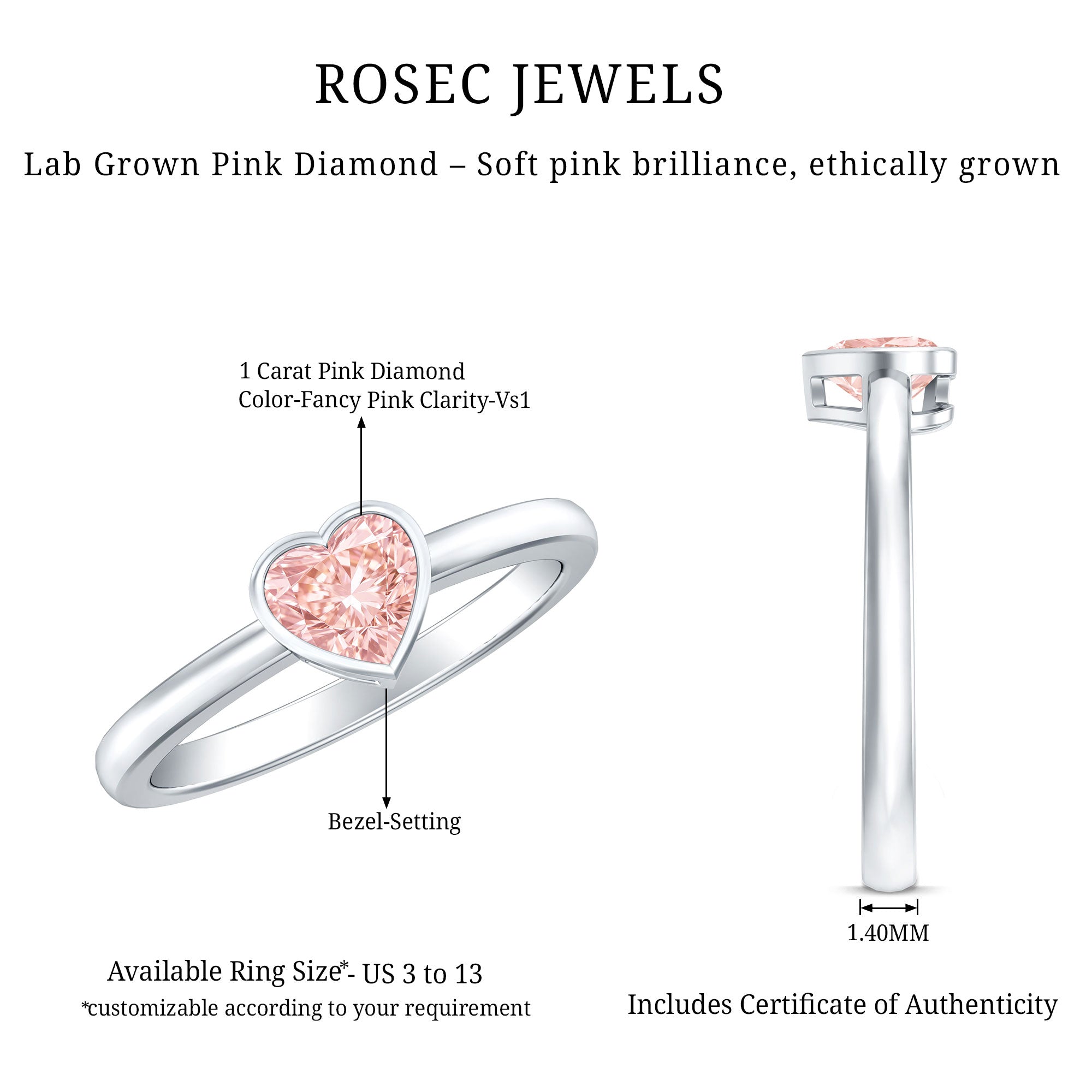 Bezel Set Lab Grown Pink Diamond Solitaire Promise Ring with IGI Certificate Fancy Pink - VS1 - Rosec Jewels