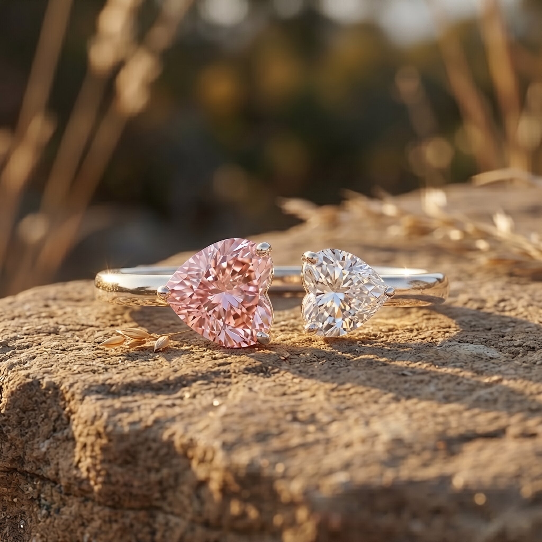 Heart Shape Lab Grown Pink White Diamond Toi Et Moi Promise Ring with IGI Certificate Fancy Pink - VS1 - Rosec Jewels