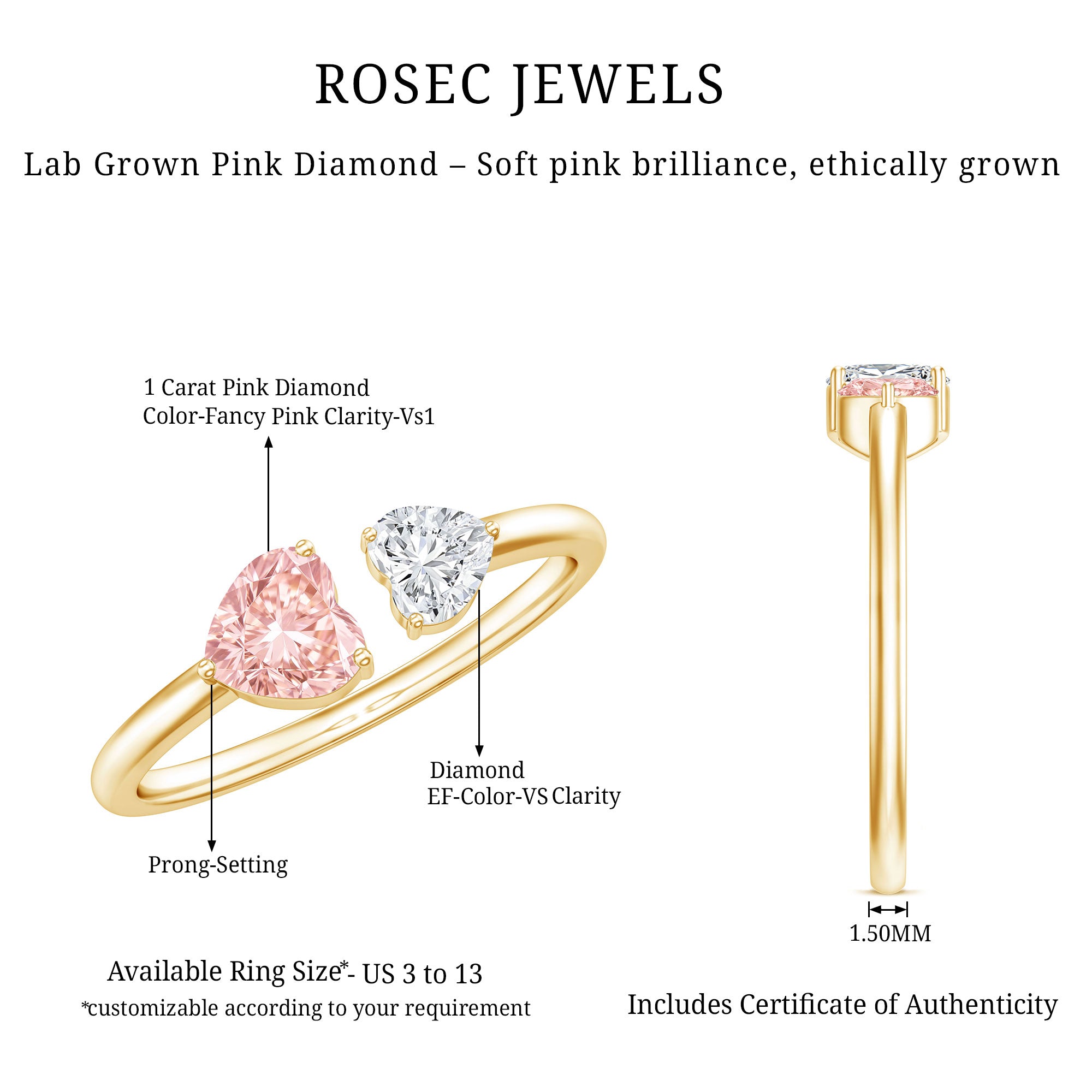 Heart Shape Lab Grown Pink White Diamond Toi Et Moi Promise Ring with IGI Certificate Fancy Pink - VS1 - Rosec Jewels