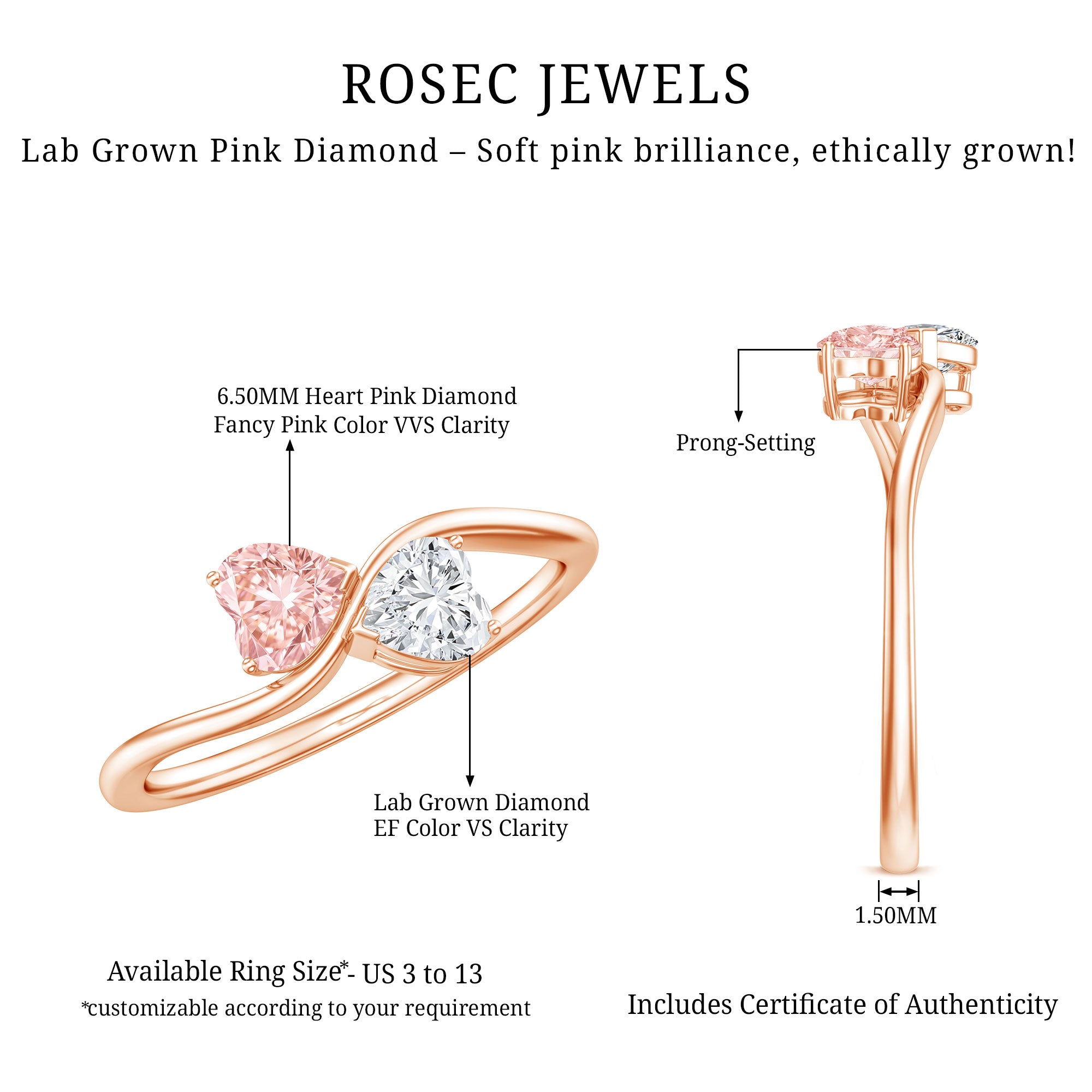 Rosec Jewels-Lab Grown Pink and White Diamond Double Heart Promise Ring