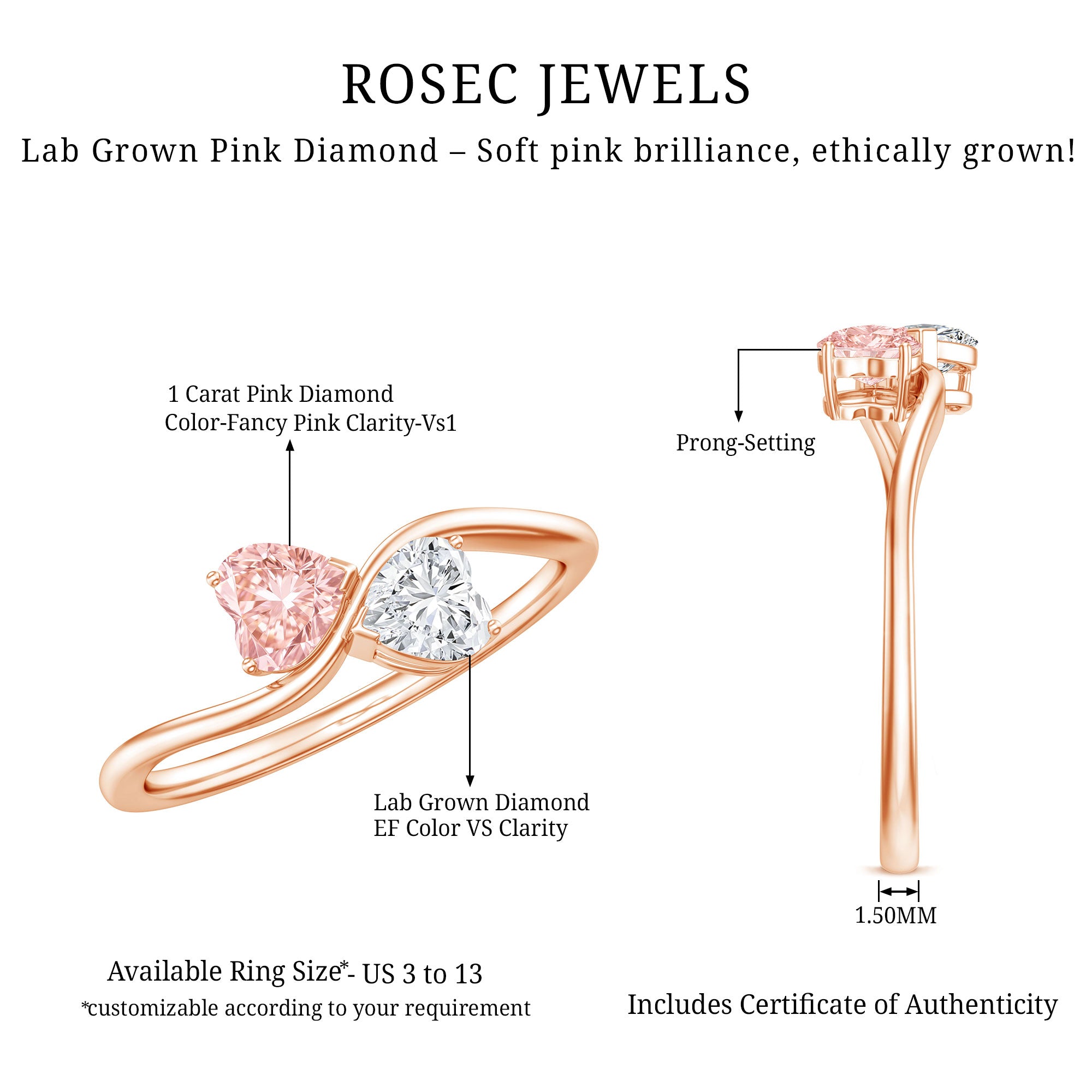 Lab Grown Pink and White Diamond Double Heart Promise Ring IGI Certified Fancy Pink - VS1 - Rosec Jewels